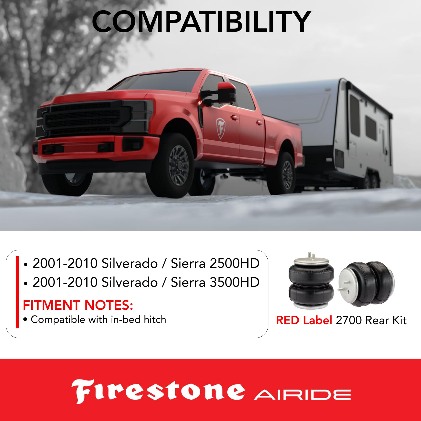 Firestone 2700 Airide Red Label Rear Springs Kit fits 2001-2010 Silverado Sierra 2500HD 3500HD | 5-150 PSI | Load Capacity of 7,500 Pounds | Corrosive De-Icing Agents