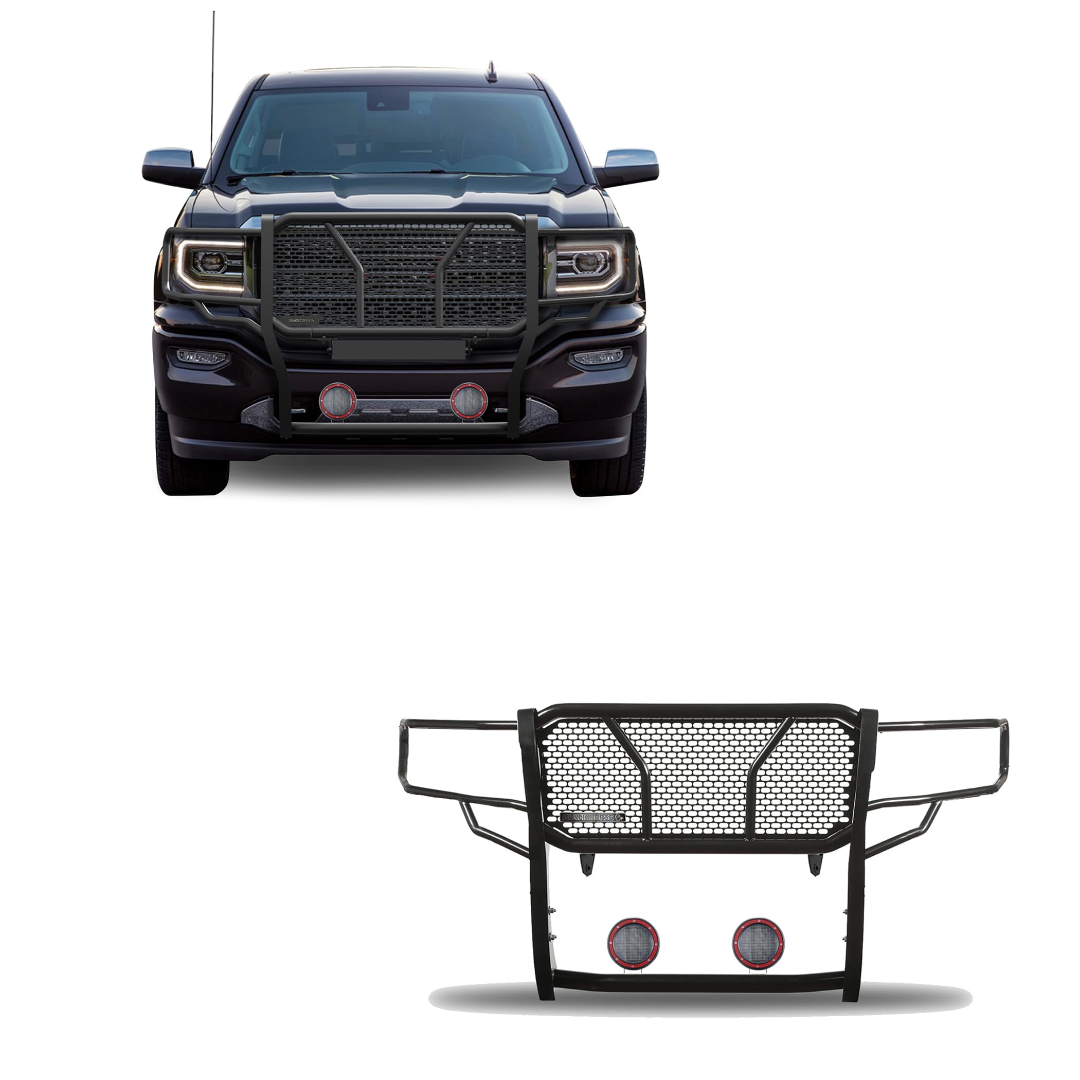 Heavy Duty Black Horse Rugged Grille Brush Bumper Guard Modular Black Come with Pair of 5.3" LED Lights Compatible with 2014-2018 Sierra 1500|2019-2022 Sierra 1500 Limited-RU-GMSI14-B-PLFR