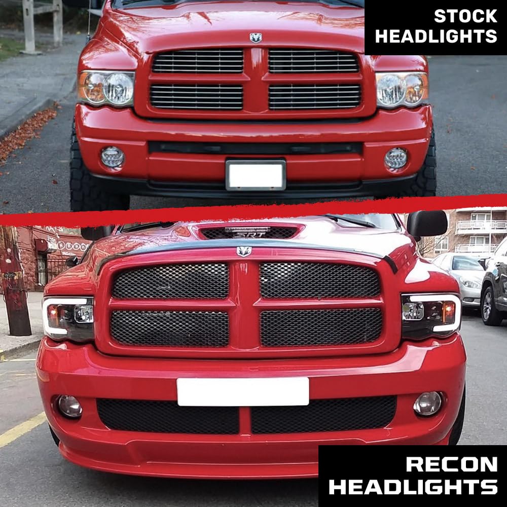 RECON - Premium Ultra Bright Projector Headlights Fits 2002-2005 Dodge RAM (1500, 2500, 3500) OLED Halos & DRL - Smoked Lens