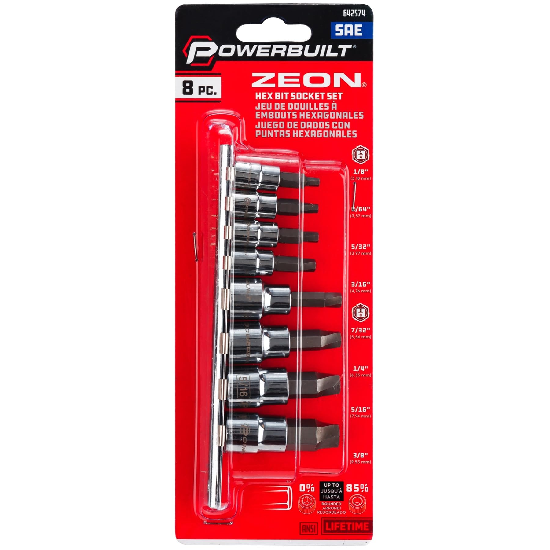 Powerbuilt 8 Piece SAE Hex Bit Socket Set - with use for Damaged Fasteners, Standard, Rusted, Rounded Bolts, Size from 1/8" to 3/8" - 642574