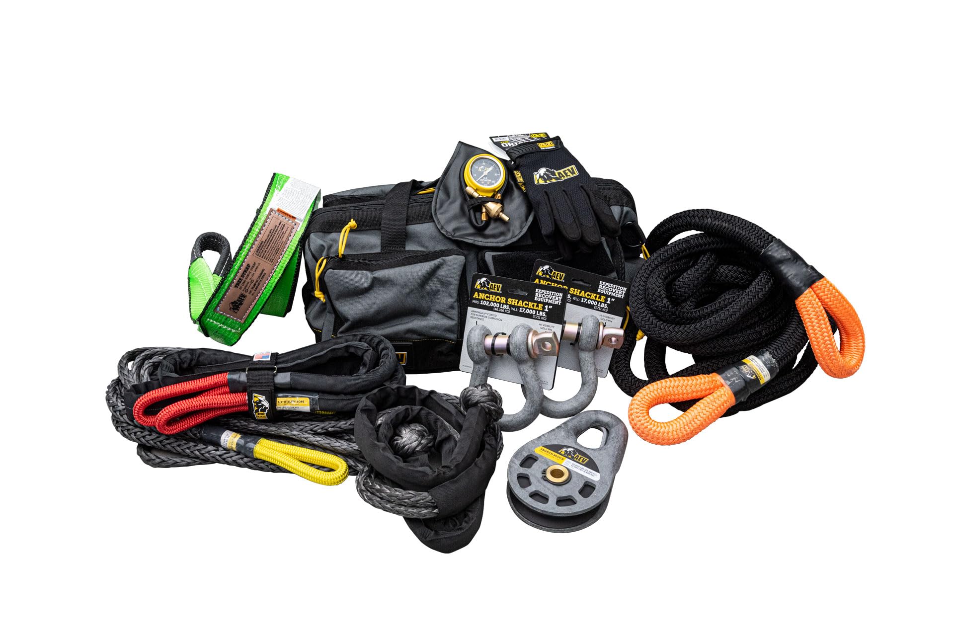 Full-Size AEV Expedition Recovery Kit for Full Size Trucks & SUVs Includes 4" Recovery Strap + Kinetic Recovery Rope + Winch Extension Rope + Snatch Block + 1/2" Soft Shackles + More