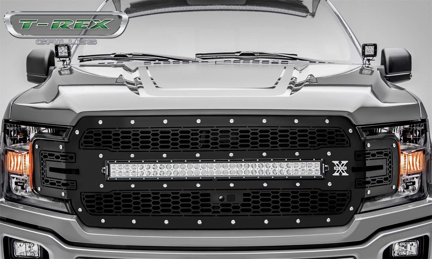 T-Rex Grilles Laser Torch Grille 2018-2020 F-150, Black, 1 Pc, Replacement, Chrome Studs with 30 Inch LED, Fits Vehicles with Camera - PN #7315751