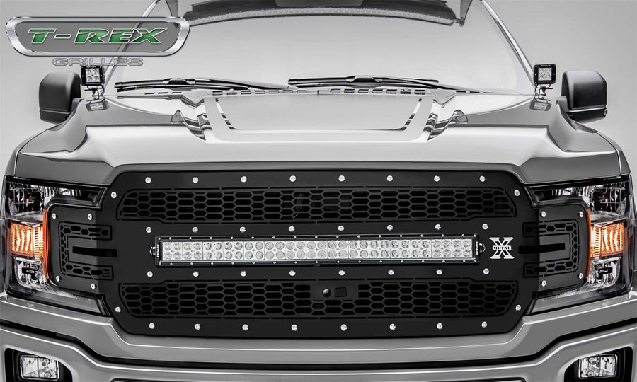 T-Rex Grilles Laser Torch Grille 2018-2020 F-150, Black, 1 Pc, Replacement, Chrome Studs with 30 Inch LED, Fits Vehicles with Camera - PN #7315751