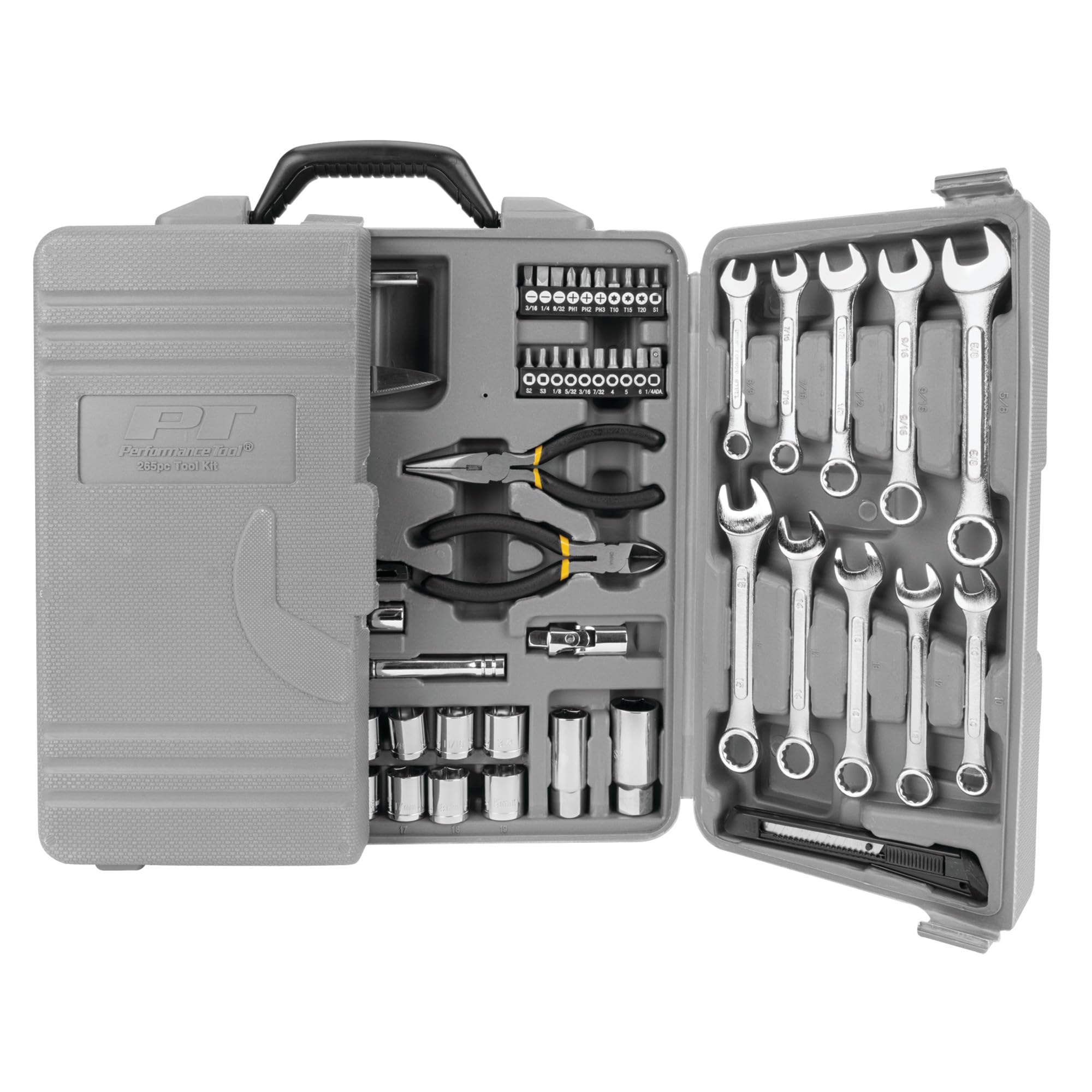 Tri-Fold Performance Tool W1519 Home & Auto Tool Set for House Repairs and Projects, Gray, 1/4-Inch & 3/8-Inch Drive, 265 Pieces
