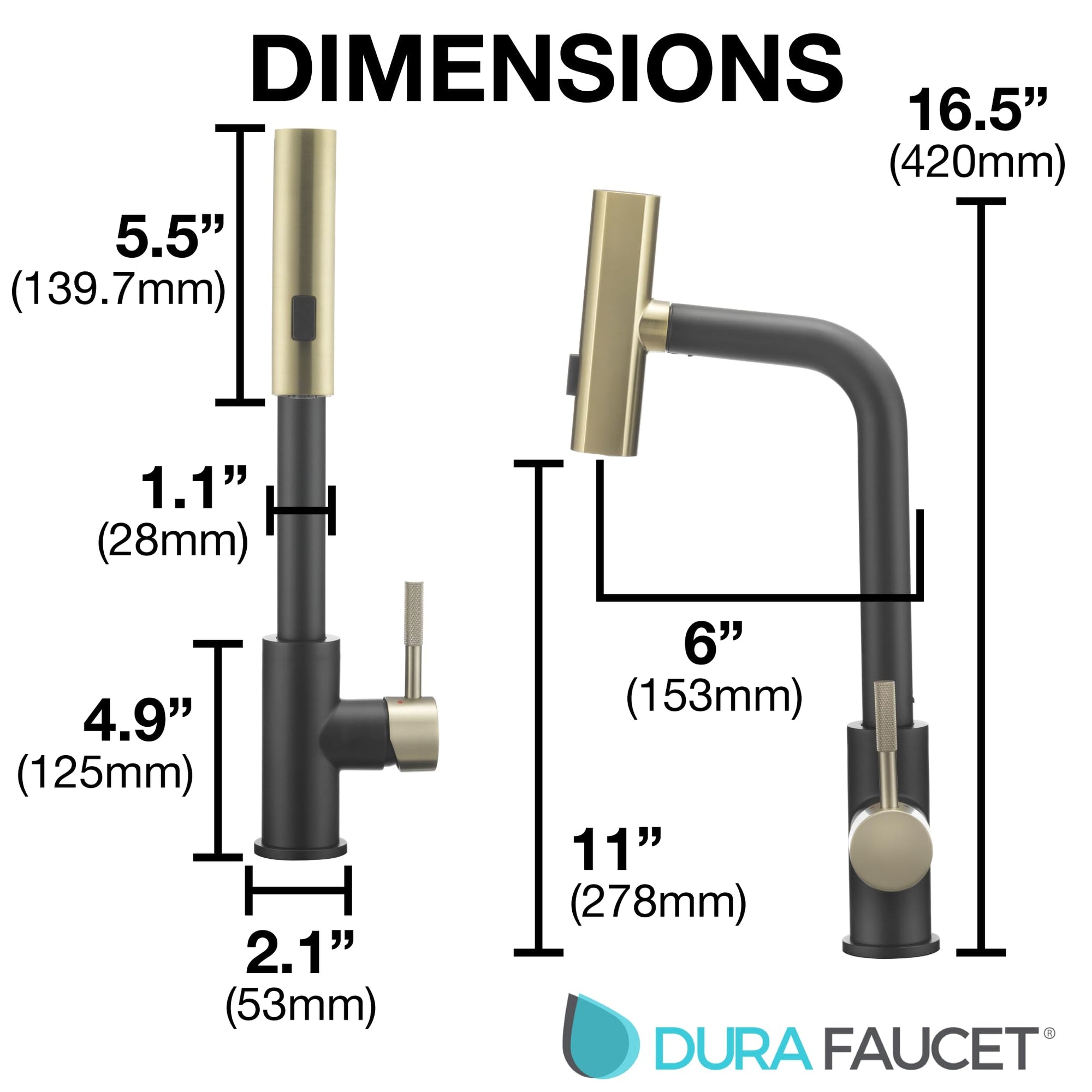 Dura Faucet Rainfall (DF-MK511X-MBMG) RV Kitchen Faucet – Matte Black/Matte Gold, Dual-Mode Rotating Spray Head (Wide Waterfall & Stream), Single Lever Handle, Lead-Free, Easy Install Sink Faucet