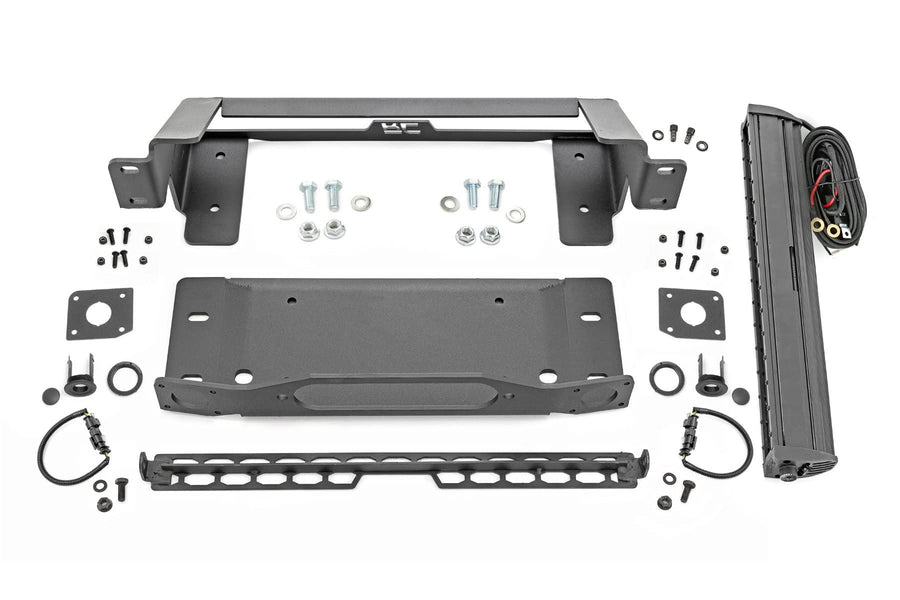 High Winch Mount Rough Country with 20" LED Light Bar for Ford Bronco (2021-2025) - Universal Winch Tray, 100W LED Bar