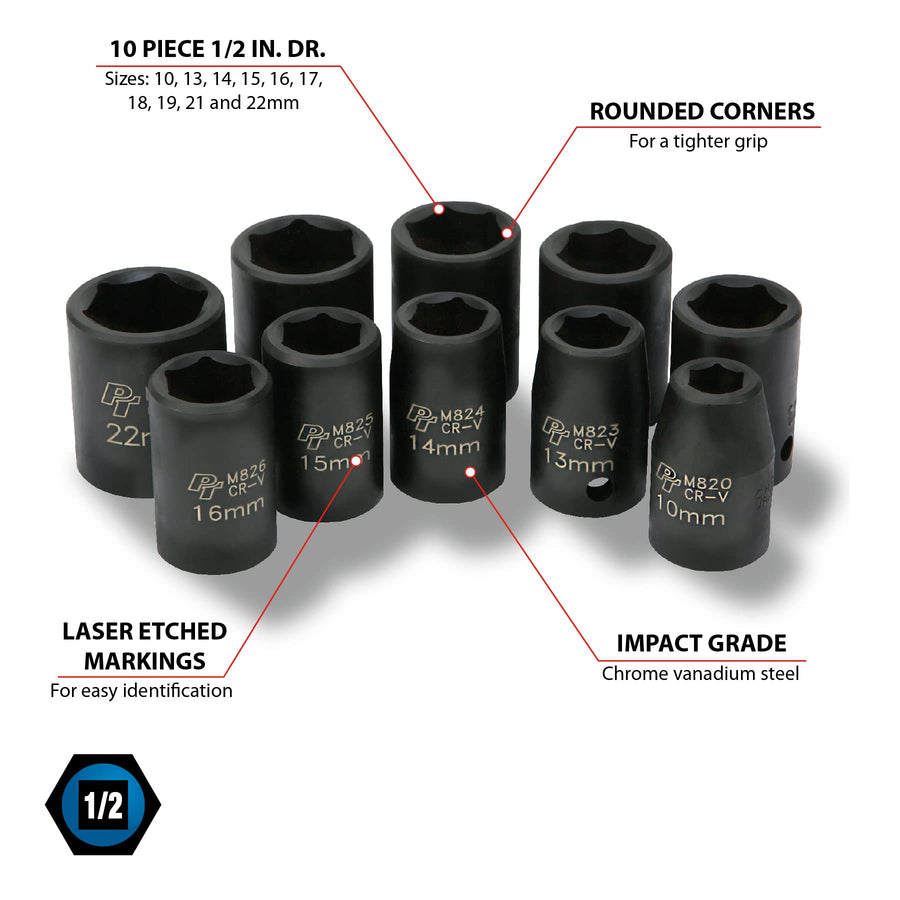 10 Piece Performance Tool M593DB Mechanics 1/2-Inch Drive Metric Impact Socket Set