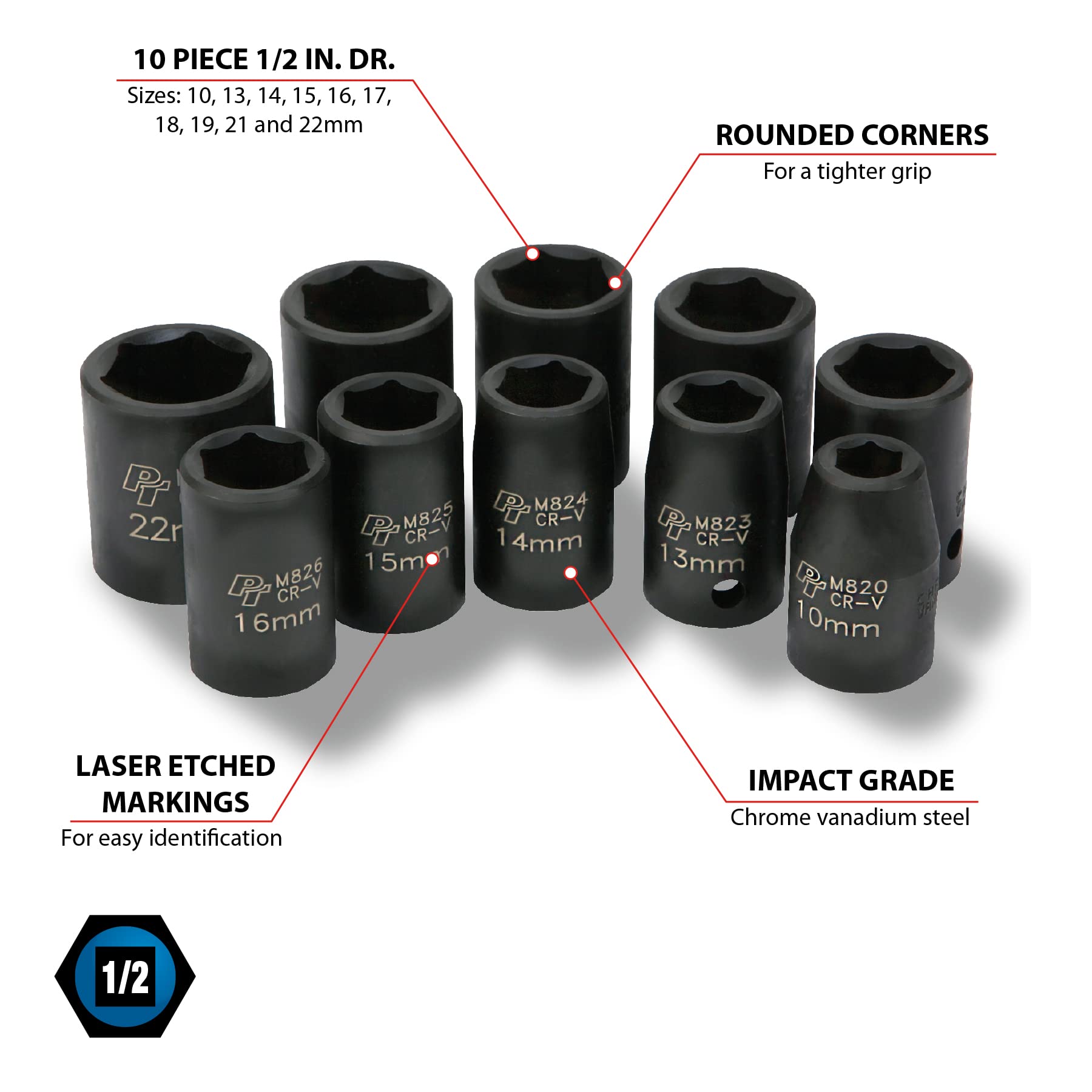 10 Piece Performance Tool M593DB Mechanics 1/2-Inch Drive Metric Impact Socket Set