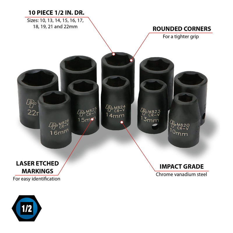 10 Piece Performance Tool M593DB Mechanics 1/2-Inch Drive Metric Impact Socket Set