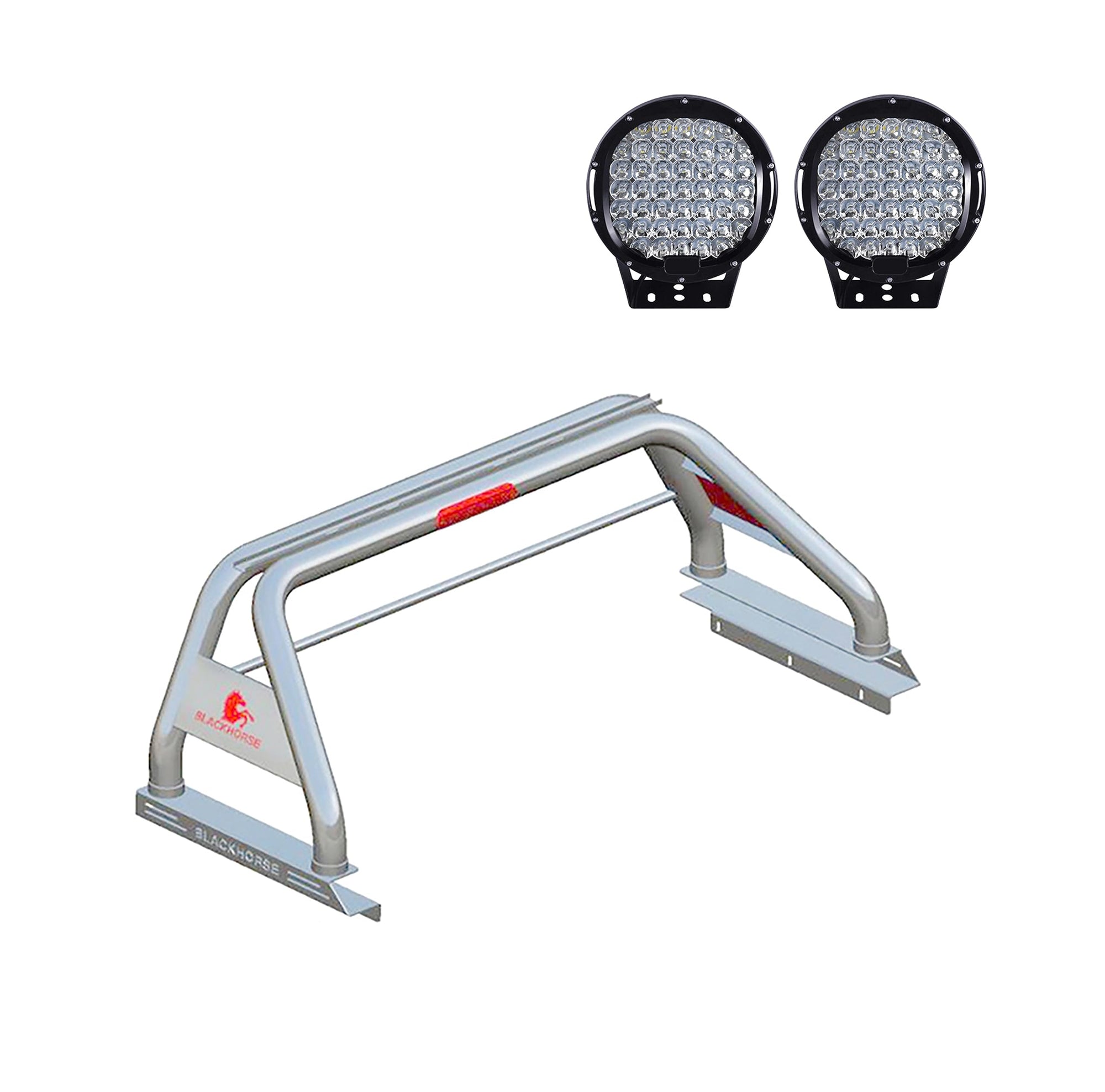 Classic Black Horse Roll Bar Incl.Set of 9" Black Round Led Light Stainless Steel Compatible with 2020-2024 Jeep Gladiator-RB09SS-PL69B