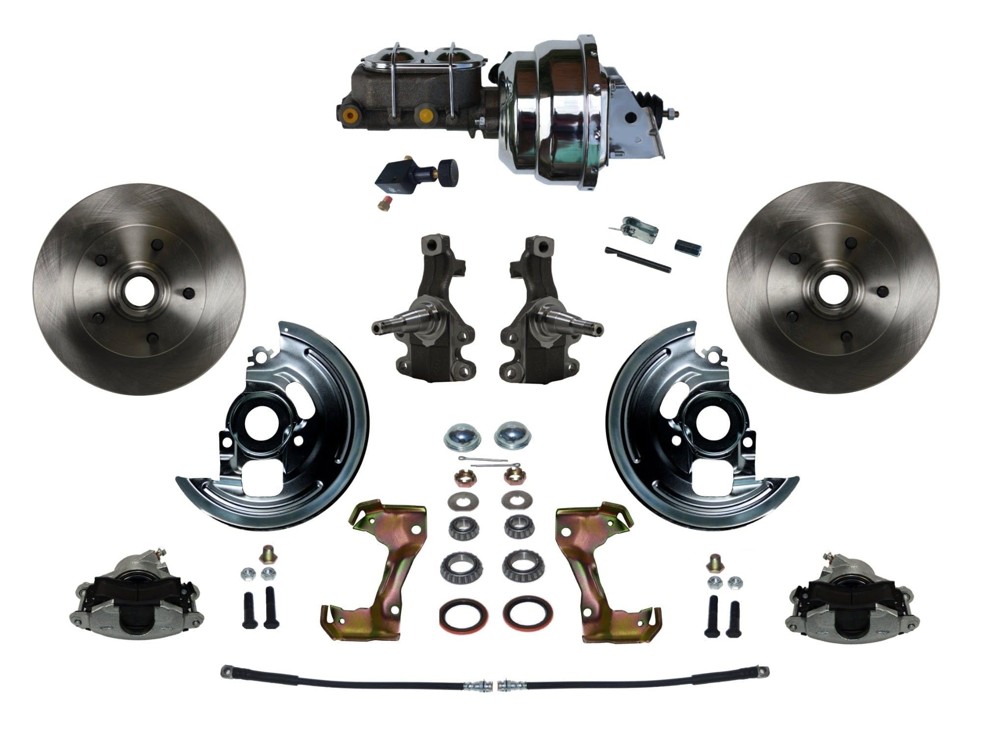 Power Brakes Leed Front Disc Brake Conversion Kit 2" Drop Spindle With 8" Dual Chrome Booster Cast Iron Chrome Top M/C Adjustable Proportioning Valve