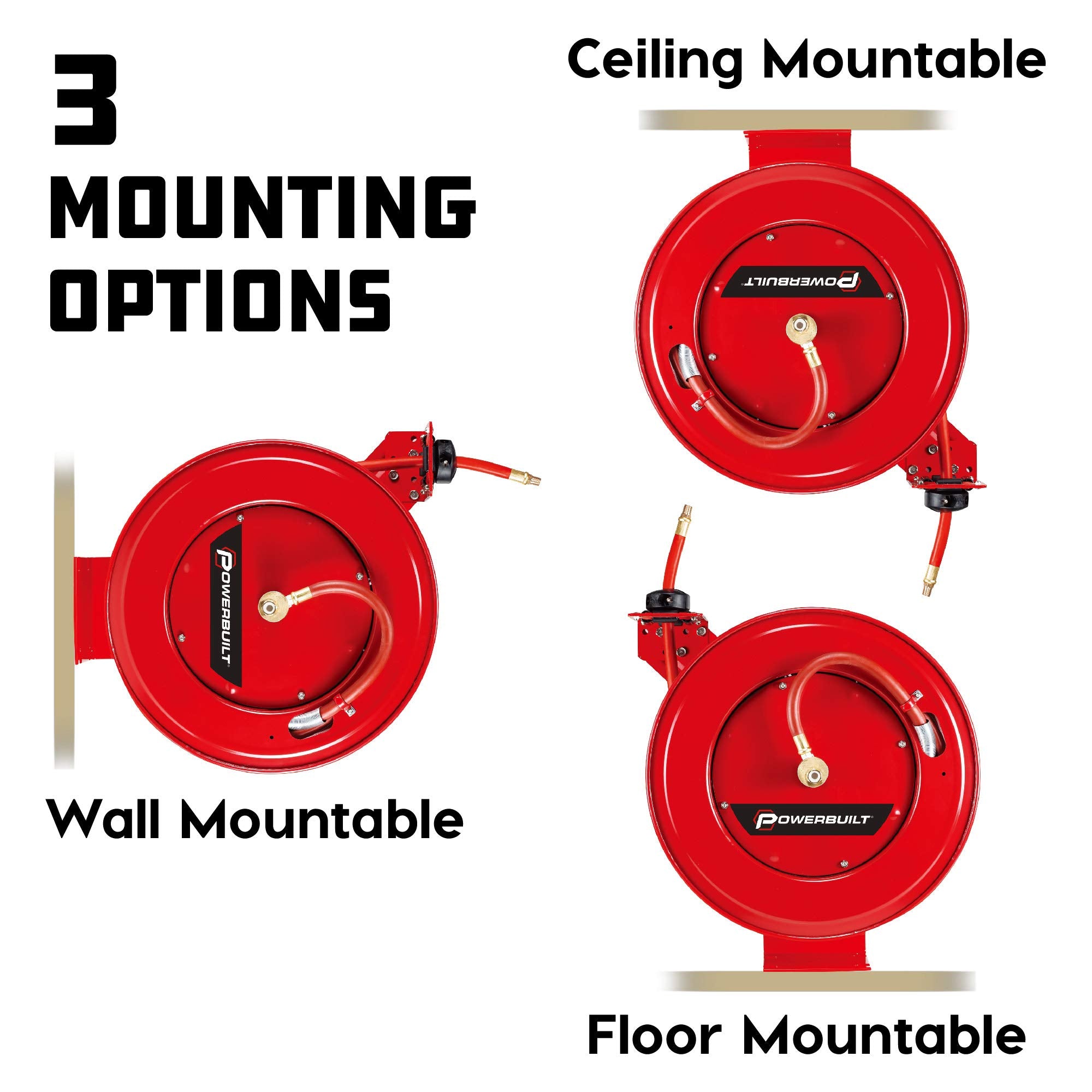 Powerbuilt Heavy Duty Auto Retracting Hose Reel with 3/8 Inch by 50 Foot Air, Max 300 PSI, Ceiling/Wall Mounted Heavy Duty Industrial Commercial Air Compressor Hose Reel - 642228