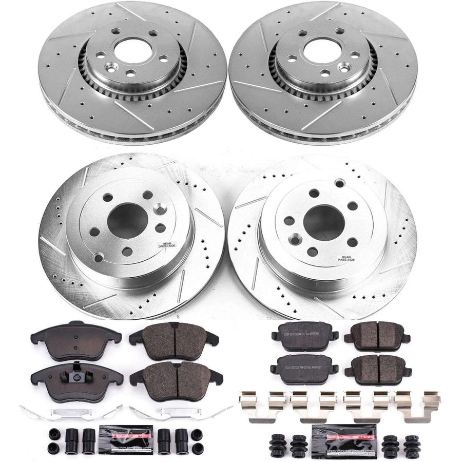 Power Stop K5616 Z23 Carbon Fiber Brake Pads Front and Rear with Drilled & Slotted Brake Rotors Kit For Land Rover LR2 2008-2012 [Model Specific]