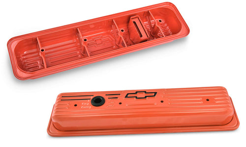 ProForm Short Valve Cover, Baffled, Breather Hole, Chevrolet Bowtie Logo, Steel, Orange, Small Block Chevy, Pair