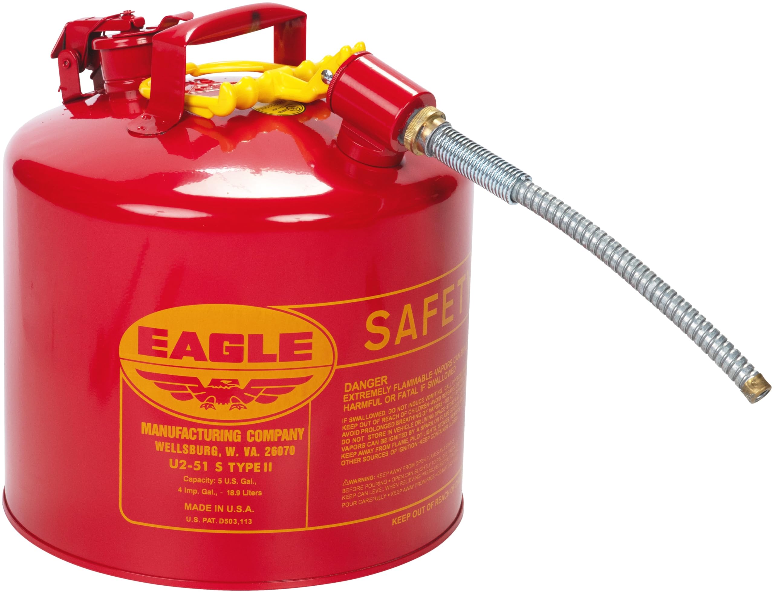 5 Gallon Eagle Type II Red Safety Gas Can for Gasoline with Flame Arrester, Self-Closing Lid, and 12" x 5/8" Flexible Metal Hose, Made in the USA, Galvanized Steel Flammable Storage Can, U251SX5