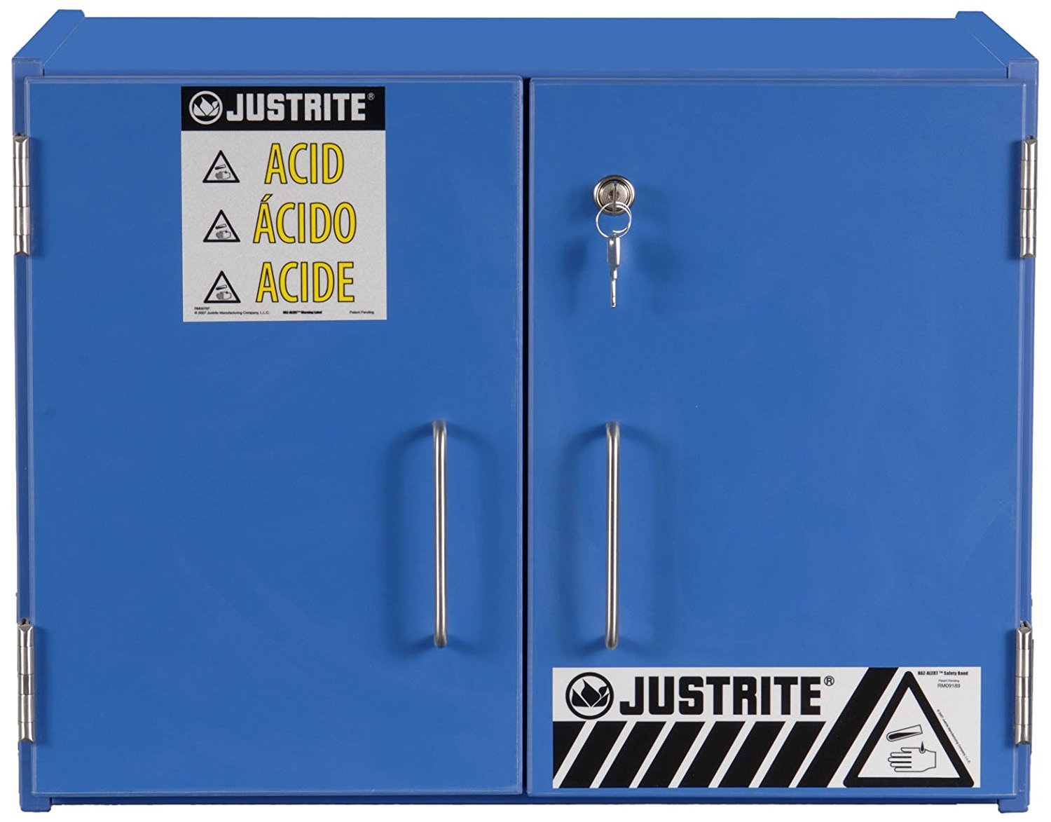 Justrite 24120 6-2 1/2 Liter Bottles, 18 3/8" x 24" x 15 7/8", Non-Metallic Cabinets Corrosive Storage Two Sliding Doors, Blue