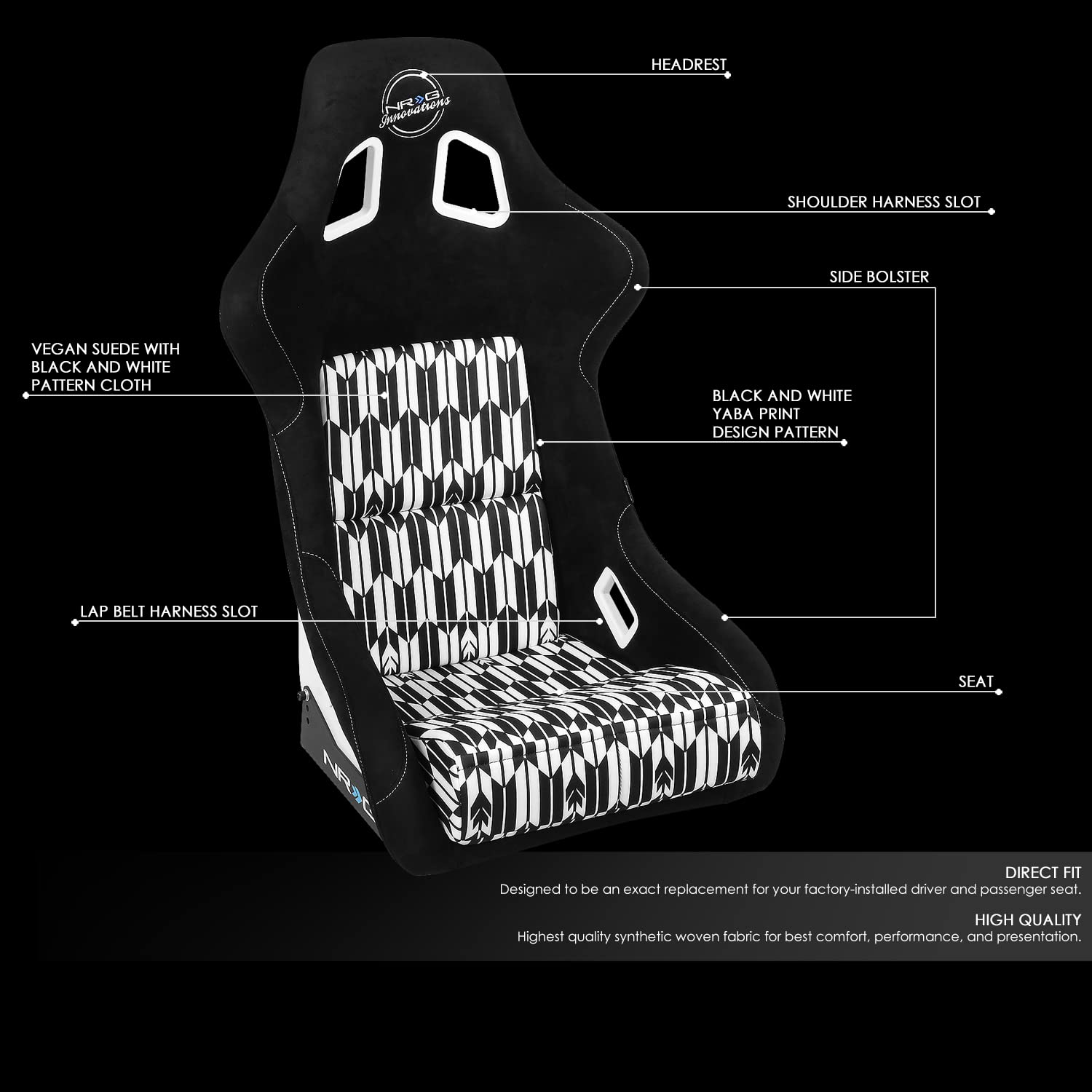 NRG Innovations Fixed Back NRG-FRP-302-YABA Bucket Racing Seat w/Side Mount Bracket Black/White YABA Design Fiber Glass