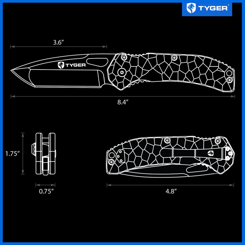 K4 Tyger EDC Folding Pocket Knife | Stone-washed AUS-8 Steel Blade | Black G-10 Handle | TG-KF7A2837