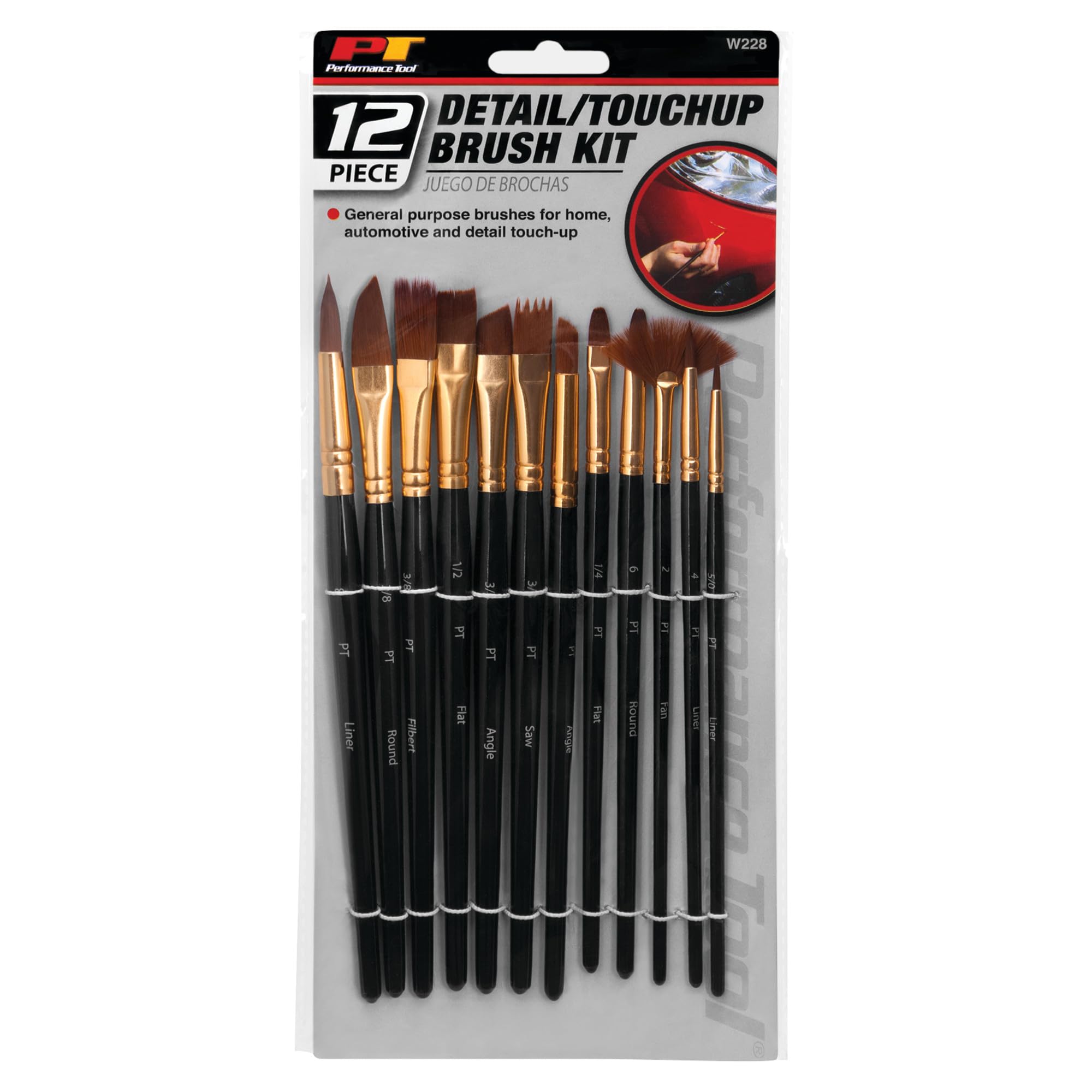 12-Piece Performance Tool W228 Paint Brush Set with Nylon Bristles and Wooden Handles - Ideal for Automotive Detail, Home, and Art Projects