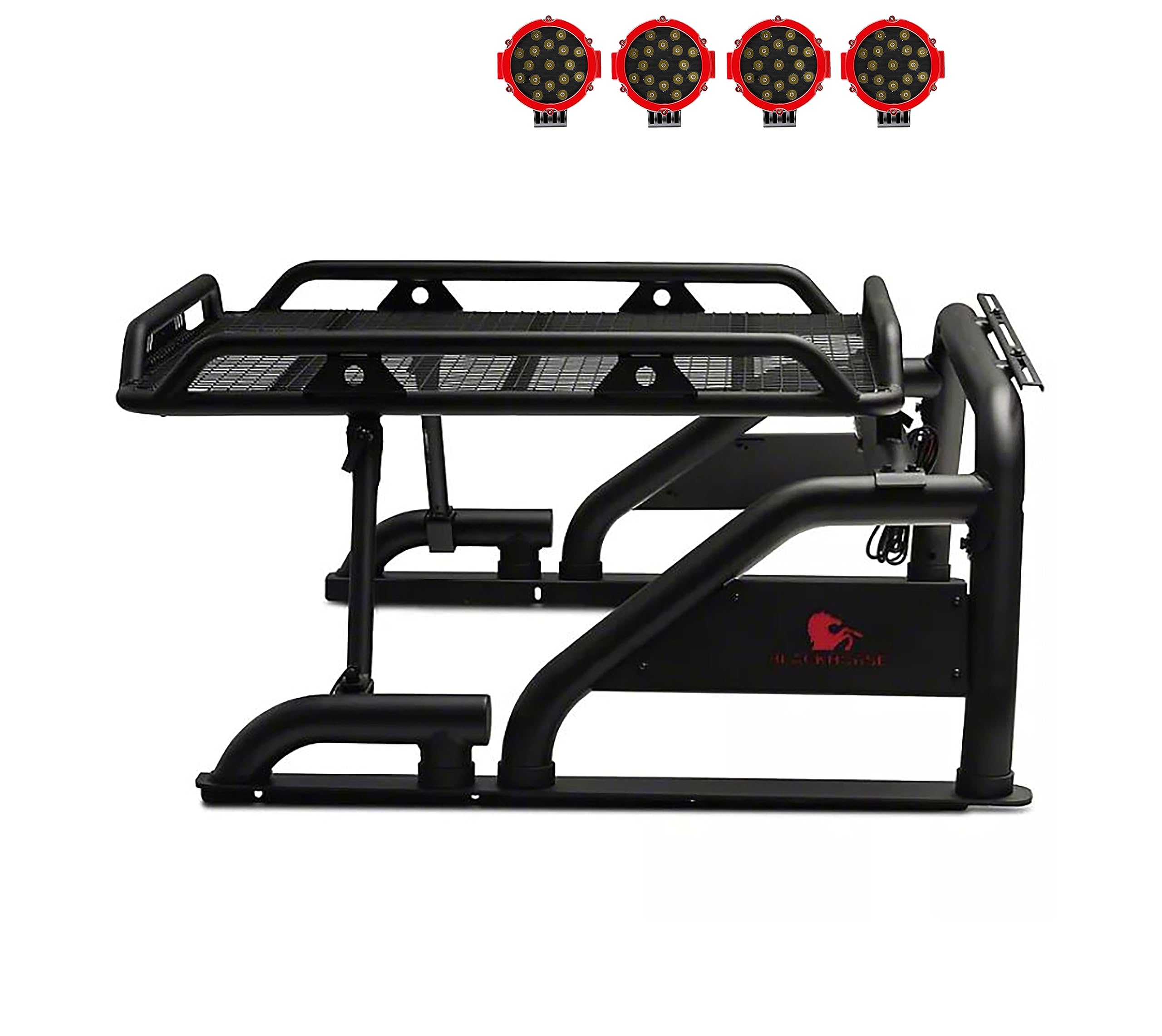 Warrior Black Horse Roll Bar Incl. Pair of 7.0" Dia.LED Lights Compatible with 1/2 TON Trucks (GM Silverado 14+/Ford F150 15+/Dodge RAM 15+) with Full Size Cargo Basket(with RED Brake Light)