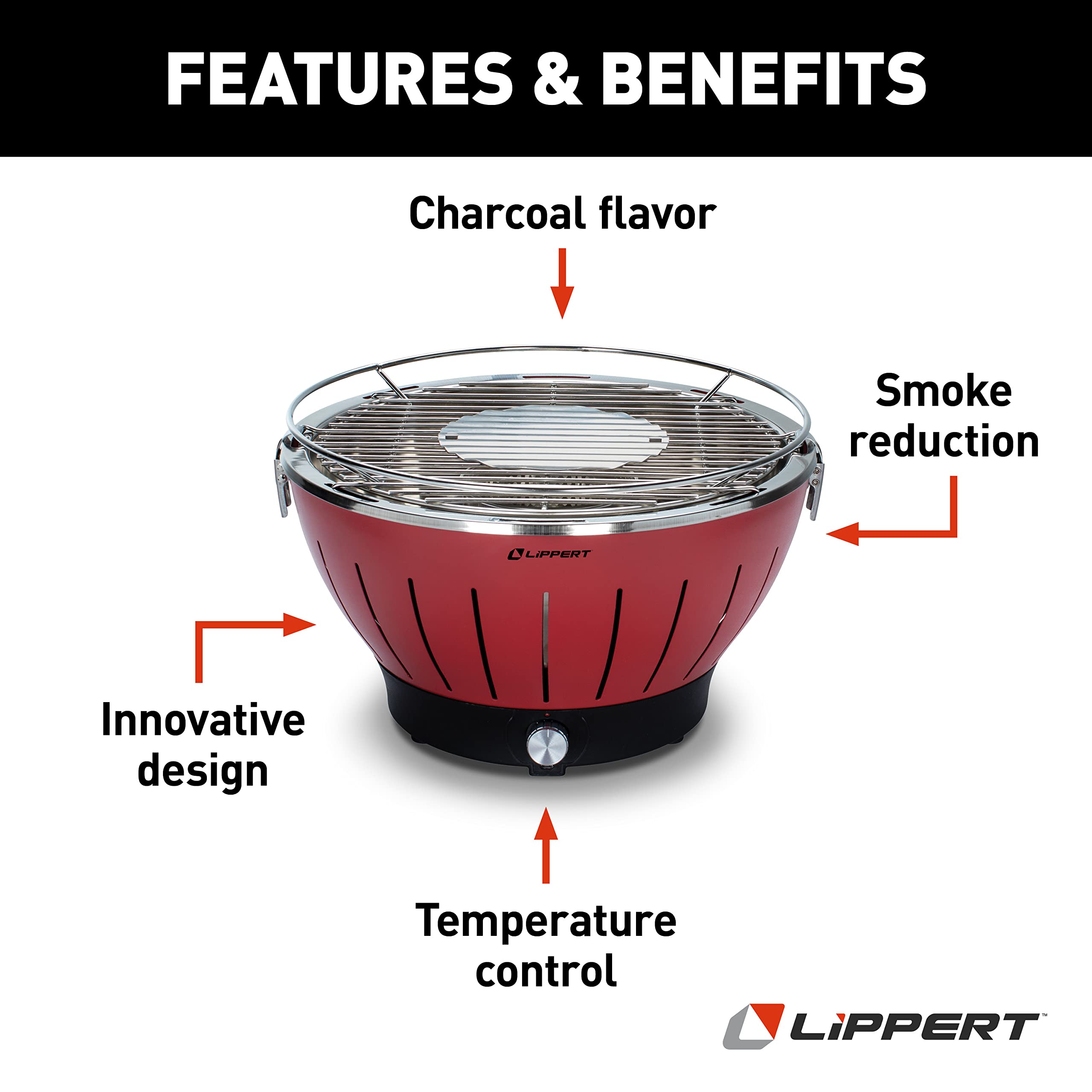 Lippert Portable Grill Odyssey - Versatile and Compact Charcoal Grill for Camping, Tailgating, and Outdoor Cooking - Lightweight and Durable Design with Large Cooking Surface - Red