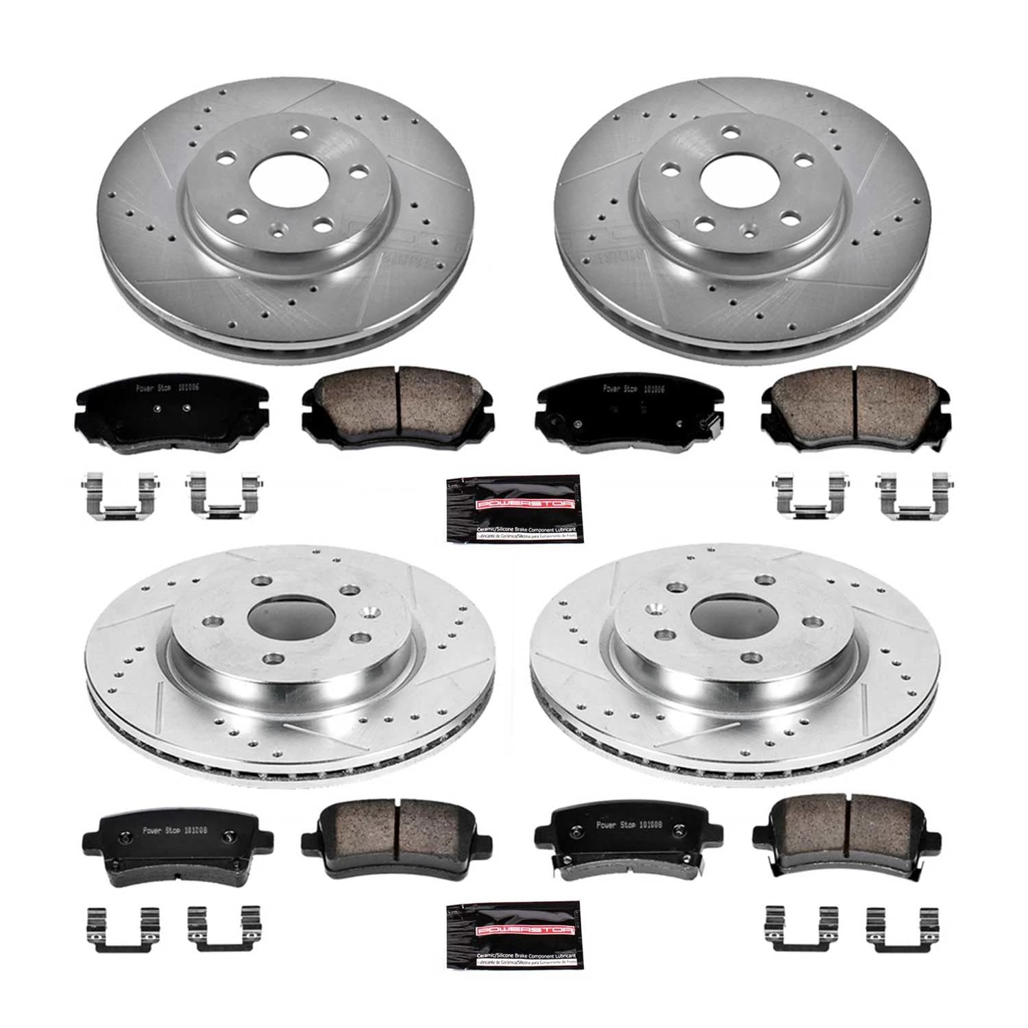 Front and Rear Brake Kit PowerStop For Buick Allure 2010 |LaCrosse 2010-16 |Regal 2011-17 |Chevrolet Impala 2014-20 - Drilled and Slotted Disc Rotors with Ceramic Brake Pads Replacement, K5515