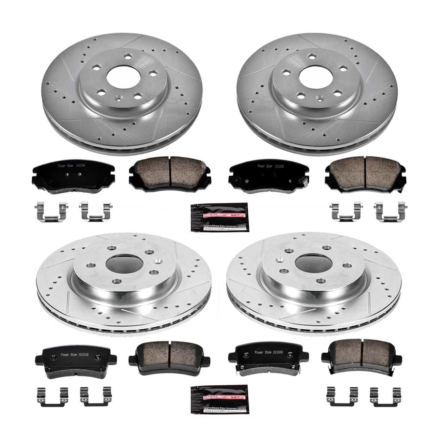 Front and Rear Brake Kit PowerStop For Buick Allure 2010 |LaCrosse 2010-16 |Regal 2011-17 |Chevrolet Impala 2014-20 - Drilled and Slotted Disc Rotors with Ceramic Brake Pads Replacement, K5515
