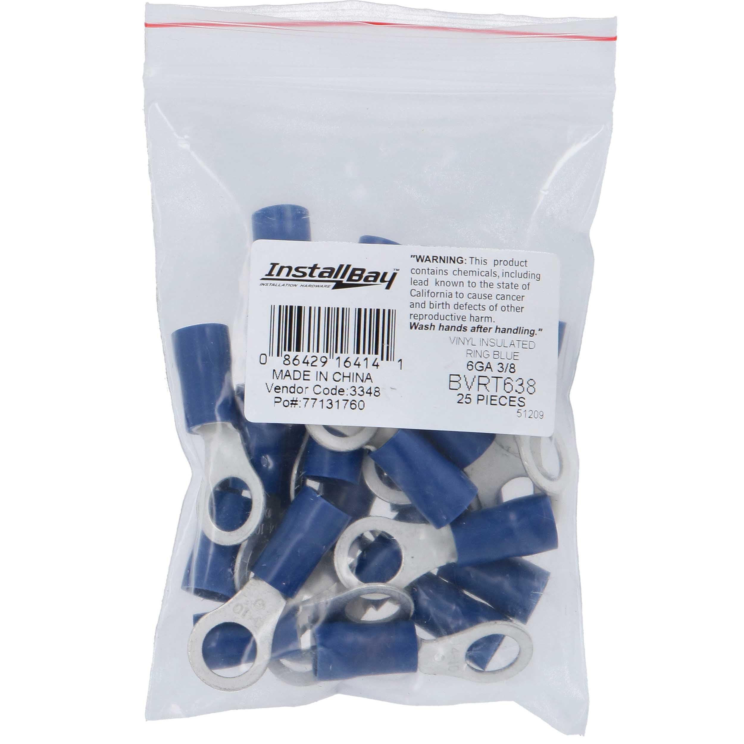 Vinyl Terminal Install Bay Ring Connector 6 Gauge 3/8 Inch Blue 25 Pack - BVRT638