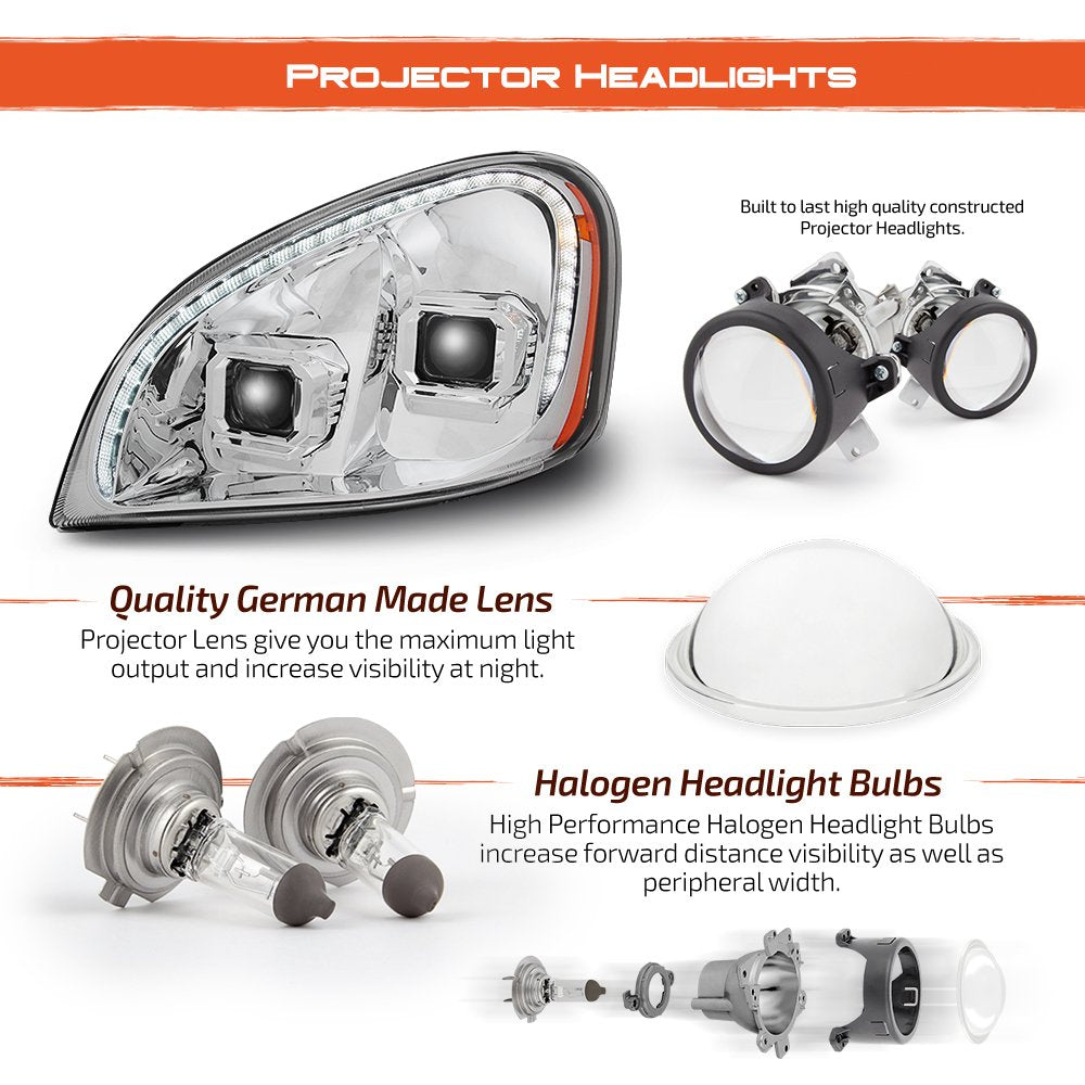 For 2008-17 Freightliner Cascadia AKKON Switchback LED Signal Daytime Running Lamp Strip Projector Headlights Chrome Housing Clear Lens Set