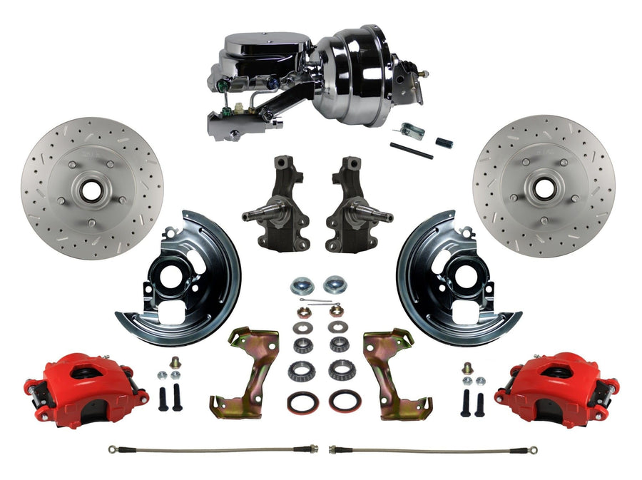 Power Front Disc Brake Kit LEED BRAKES Drilled And Slotted Rotors Red Powder Coated Calipers 8" Dual Chrome Booster Disc/Disc