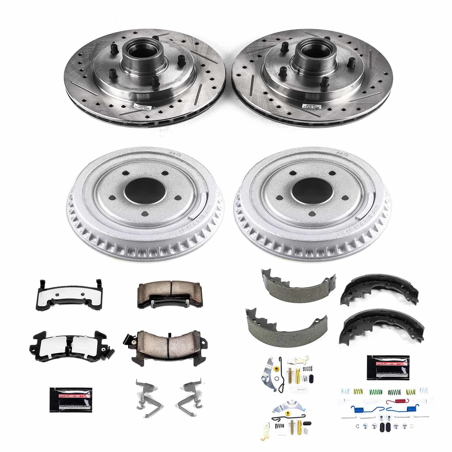 Power Stop Brake Kit Front and Rear For 1979 1980 1981 Buick Century - Truck & Tow Carbon Fiber Ceramic Pads, Drums, & Drilled and Slotted Rotors Replacement, K15041DK-36