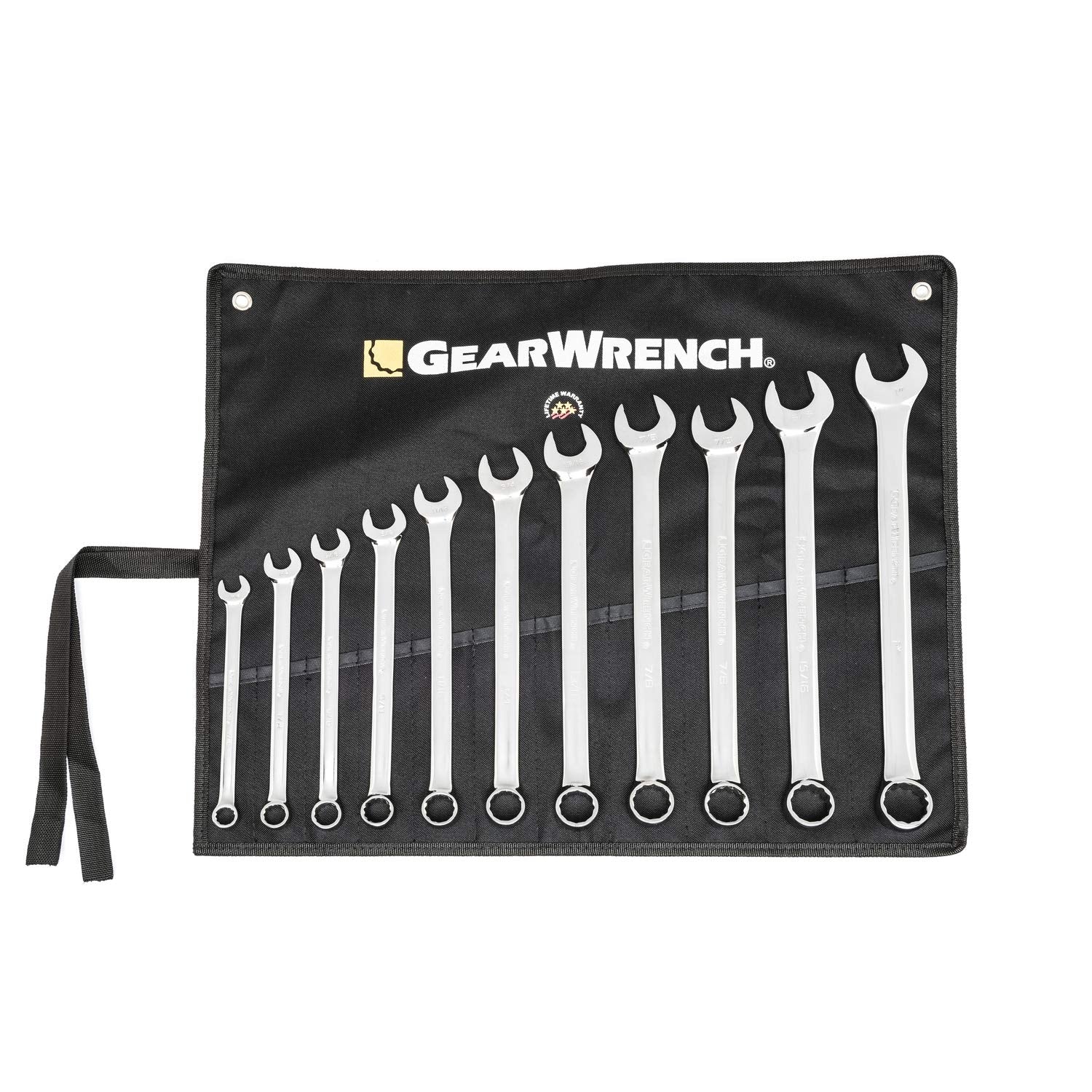Long Pattern GEARWRENCH Combination SAE Wrench Set with Tool Roll, 11 Pc., 12 Point - 81934