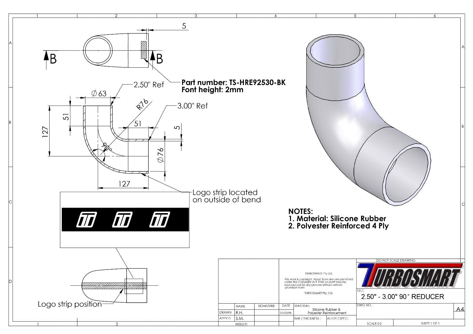 Turbosmart Black 2.5" - 3.0" 90° Reducer Elbow TS-HRE902530-BK