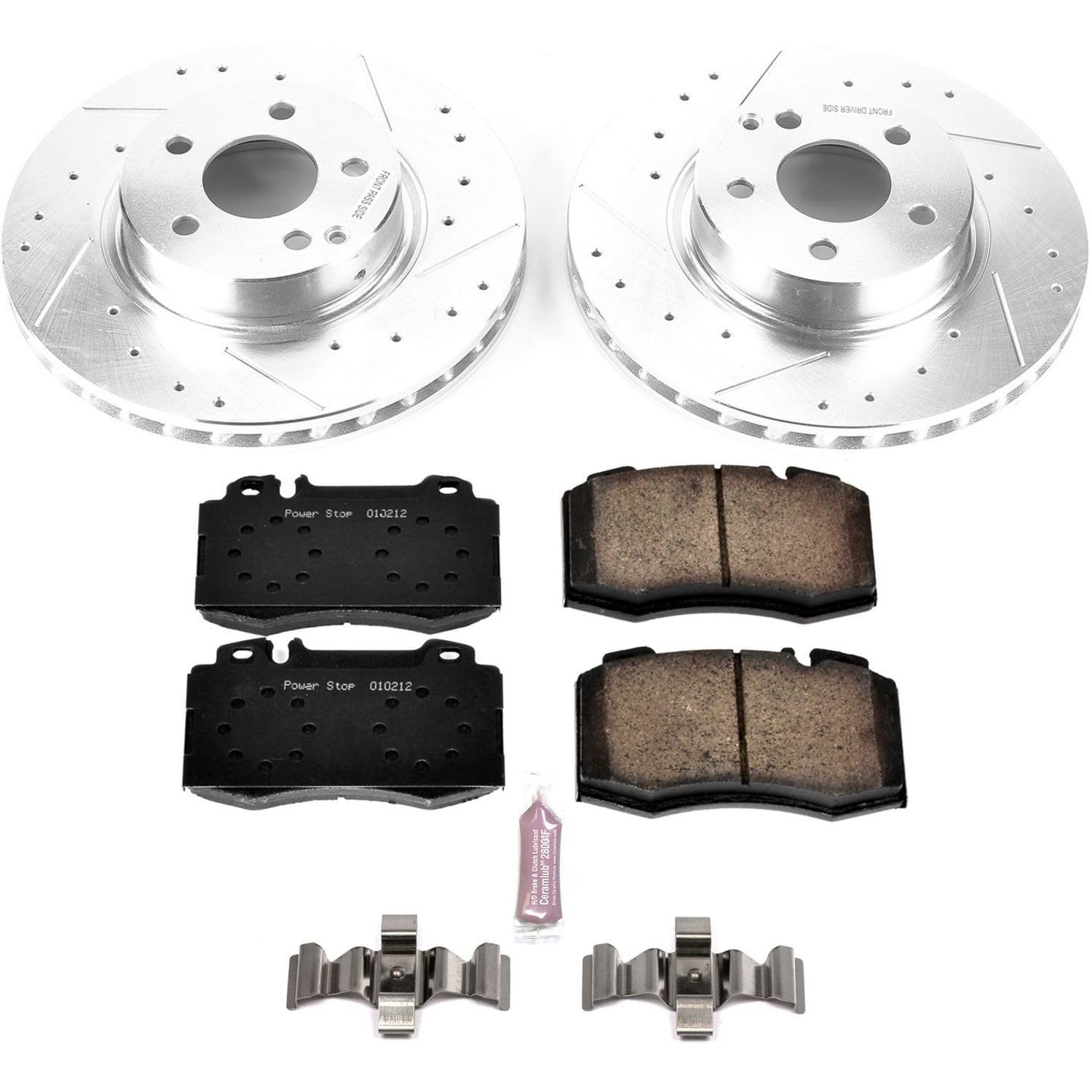 Power Stop K7771 Z23 Carbon Fiber Brake Pads Front with Drilled & Slotted Brake Rotors Kit and 2 Front Sensor Wires For Mercedes-Benz SL500 2003-2006 [Model Specific]
