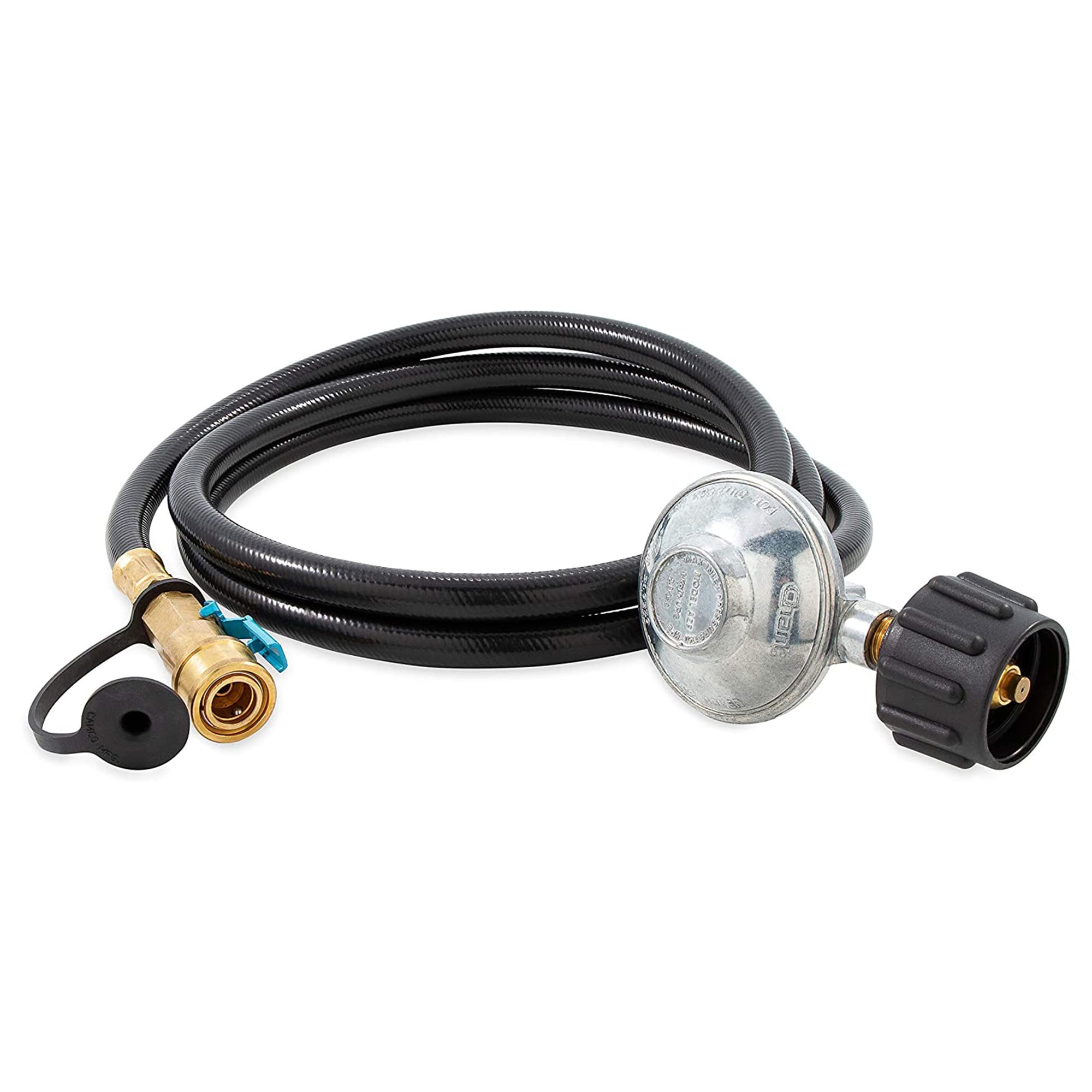 Camco Gas Regulator Low Pressure with 6' Hose and Female Quick Connect x Acme Nut- Simple and Quick Install - Use with Low Pressure Gas Appliances (57629)