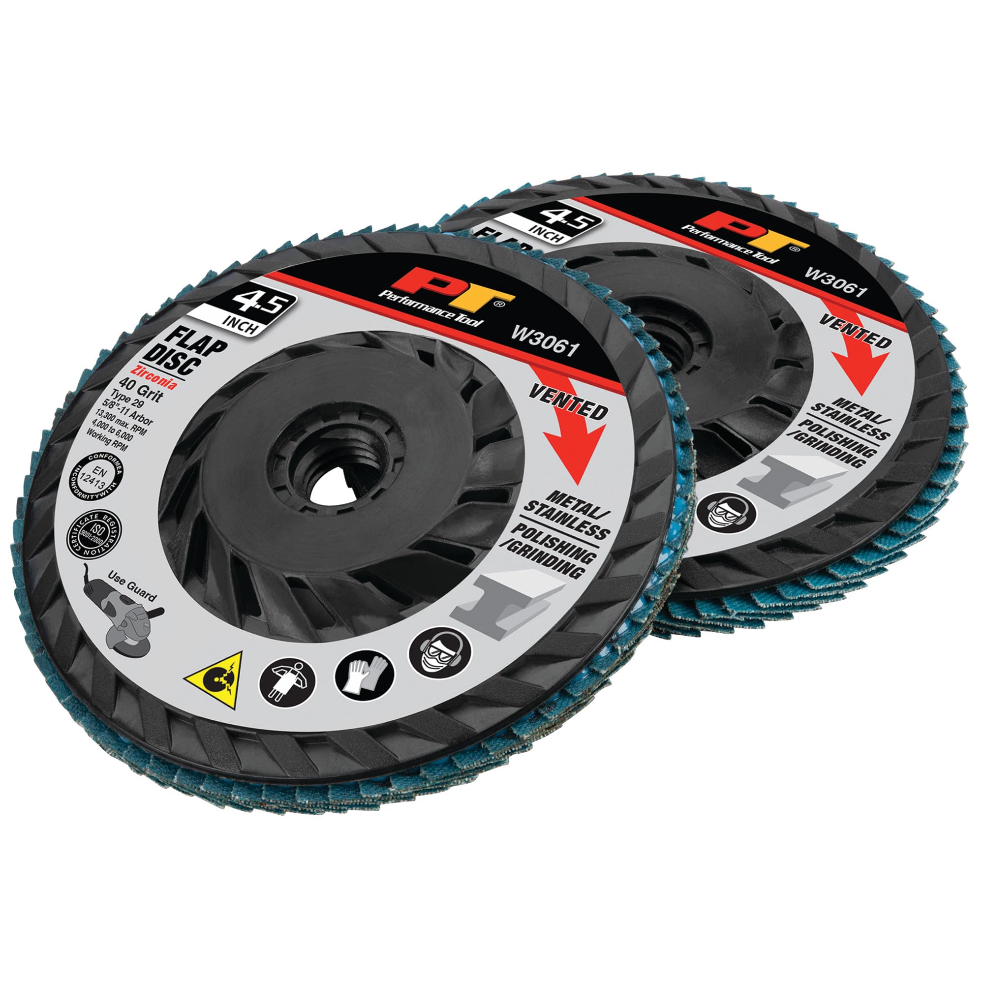 2 Pc. Performance Tool W3061 4.5" Vented 40-Grit Zirconia Alumina Flap Discs - Grinding, Weld Cleaning, Polishing, Ventilated, Gray