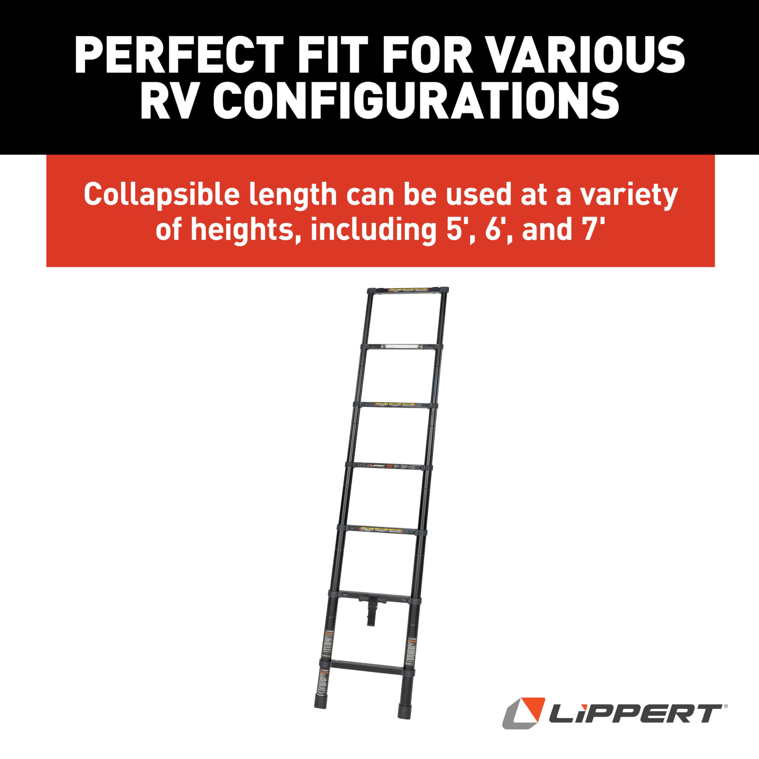 Lippert RV Bunk Bed Collapsible Ladder with 7’ Length, 250-lb. Weight Capacity, Telescoping Design, Two Female Attachment Brackets Included - 2024044562