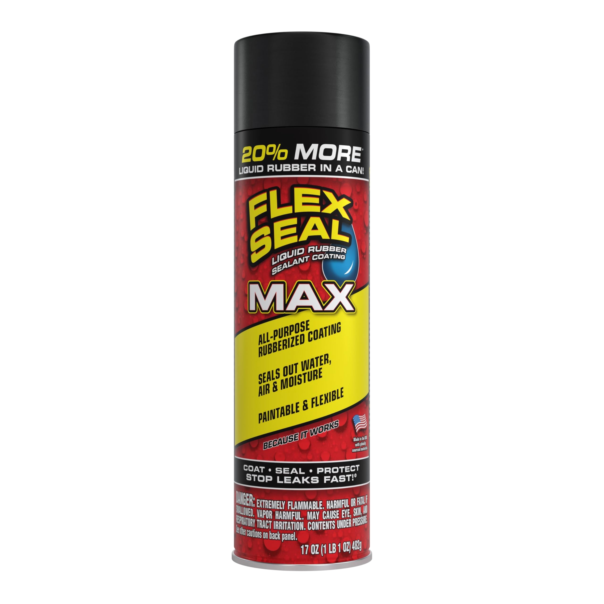 Flex Seal MAX, 17 oz, Black, 1-Pack, Waterproof Rubber Spray On Sealant Coating, Stop Leaks Instantly, Perfect for Gutters, Wood, RV, Campers, Roof Repair, Skylights, Windows, and More