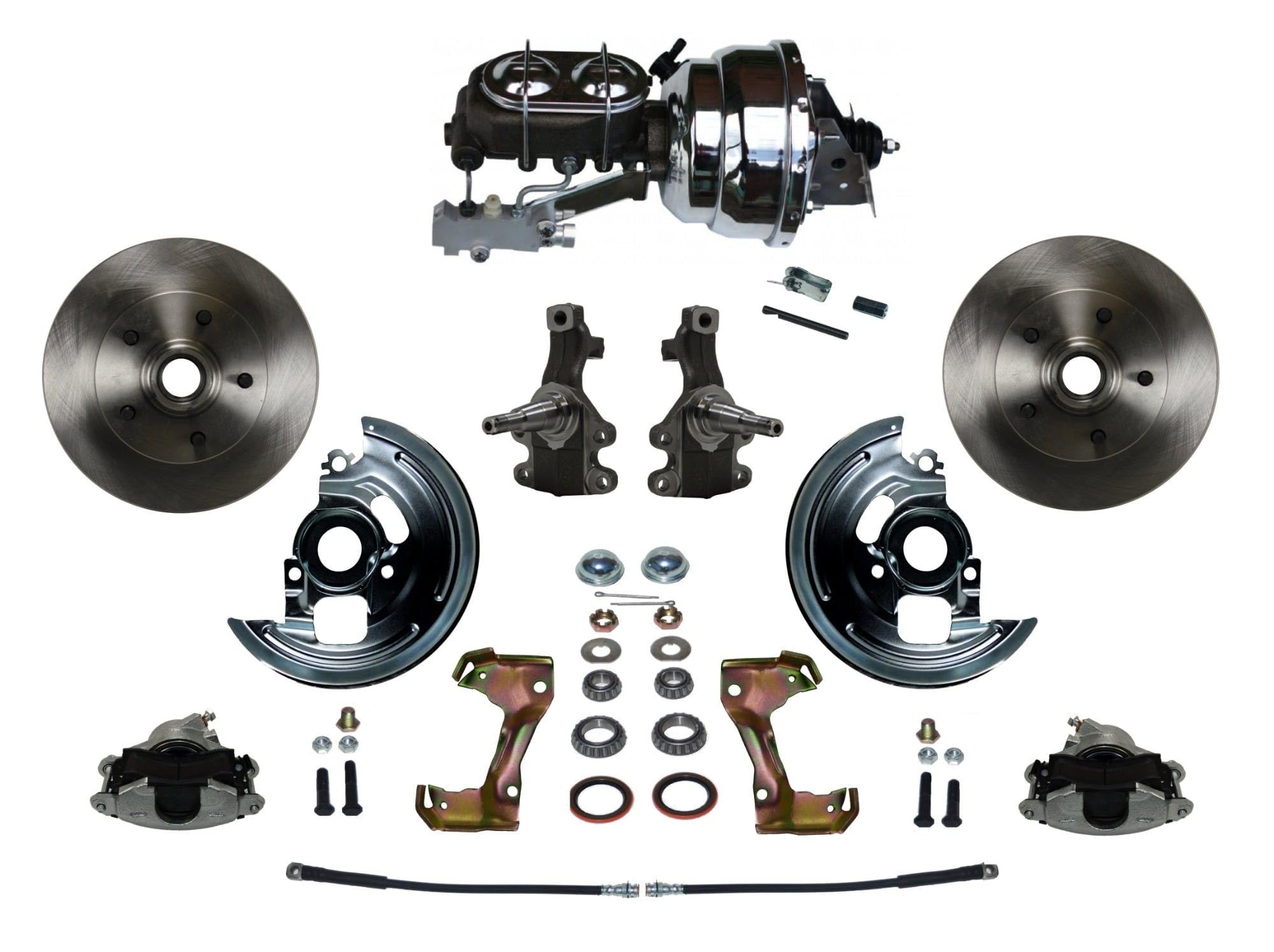 Power Brakes Leed Front Disc Brake Conversion Kit 2" Drop Spindle With 8" Dual Chrome Booster Cast Iron Chrome Top M/C Disc/Drum Side Mount