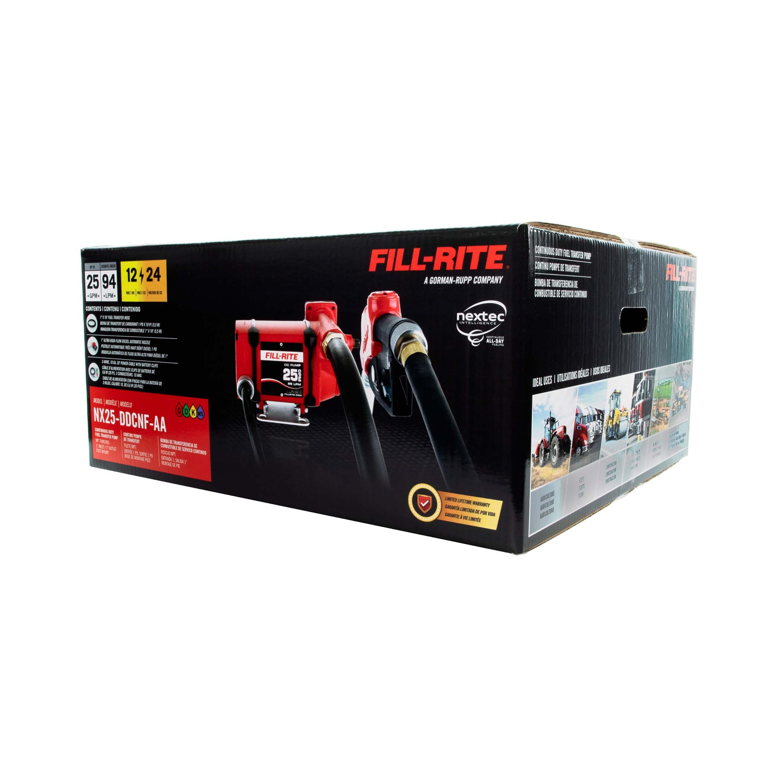 Fill-Rite Fuel Transfer Pump 12/24V DC 25 GPM with Nozzle - Foot Mounted - Energy-Efficient Fuel Transfer Pump for non stop Operation - Red - NX25-DDCNF-AA
