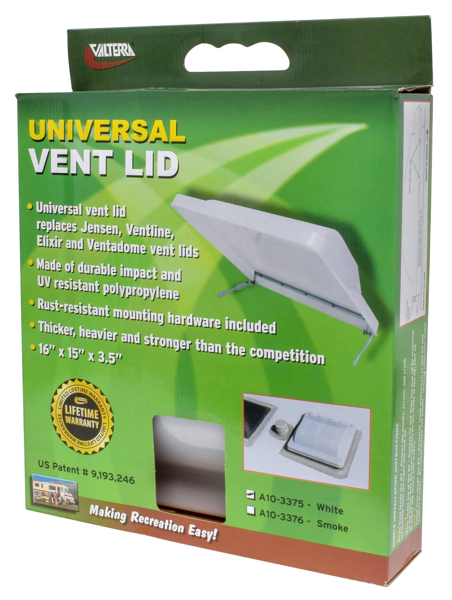 A10-3375 Valterra Vent Lid (Universal, 16" x 15" x 3.5", White),1 Pack