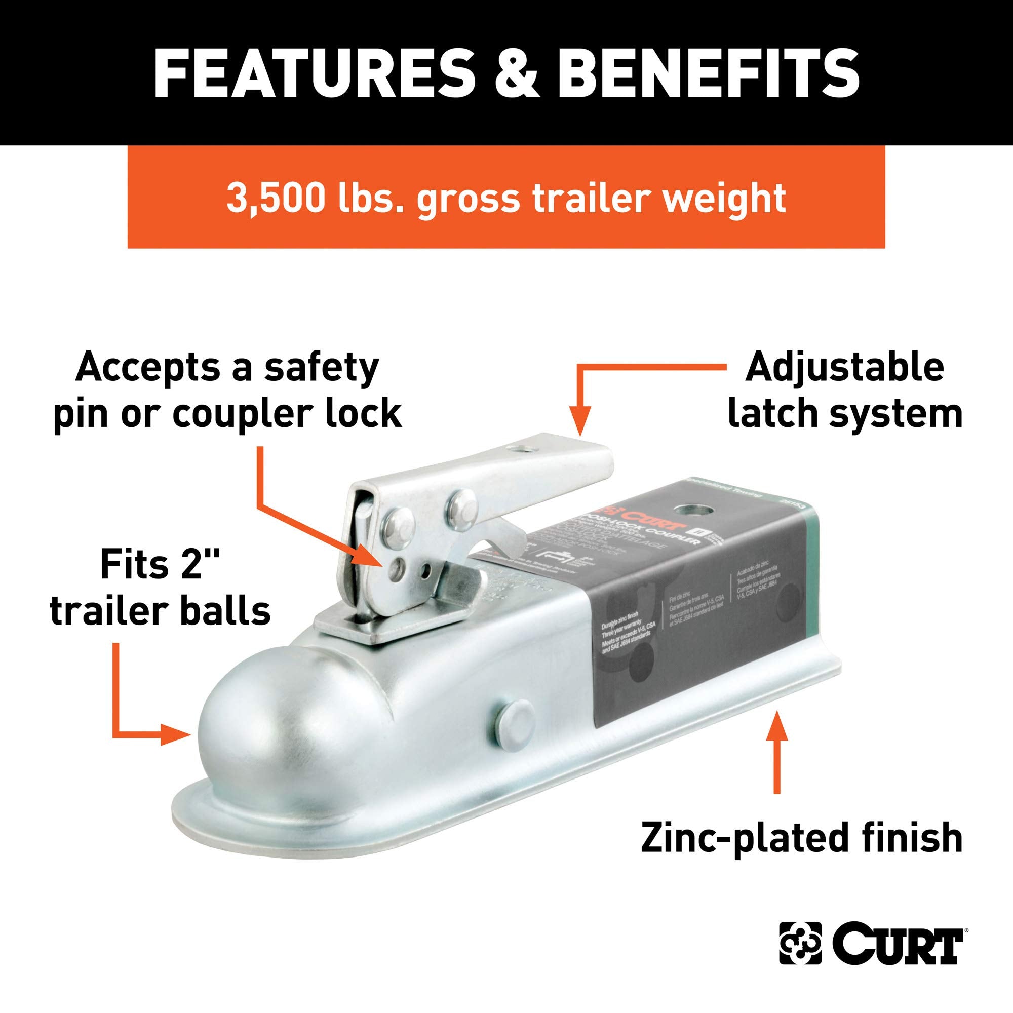 CURT Straight Tongue Trailer Coupler for 2-Inch Hitch Ball, 2-In Channel, 3,500 lbs