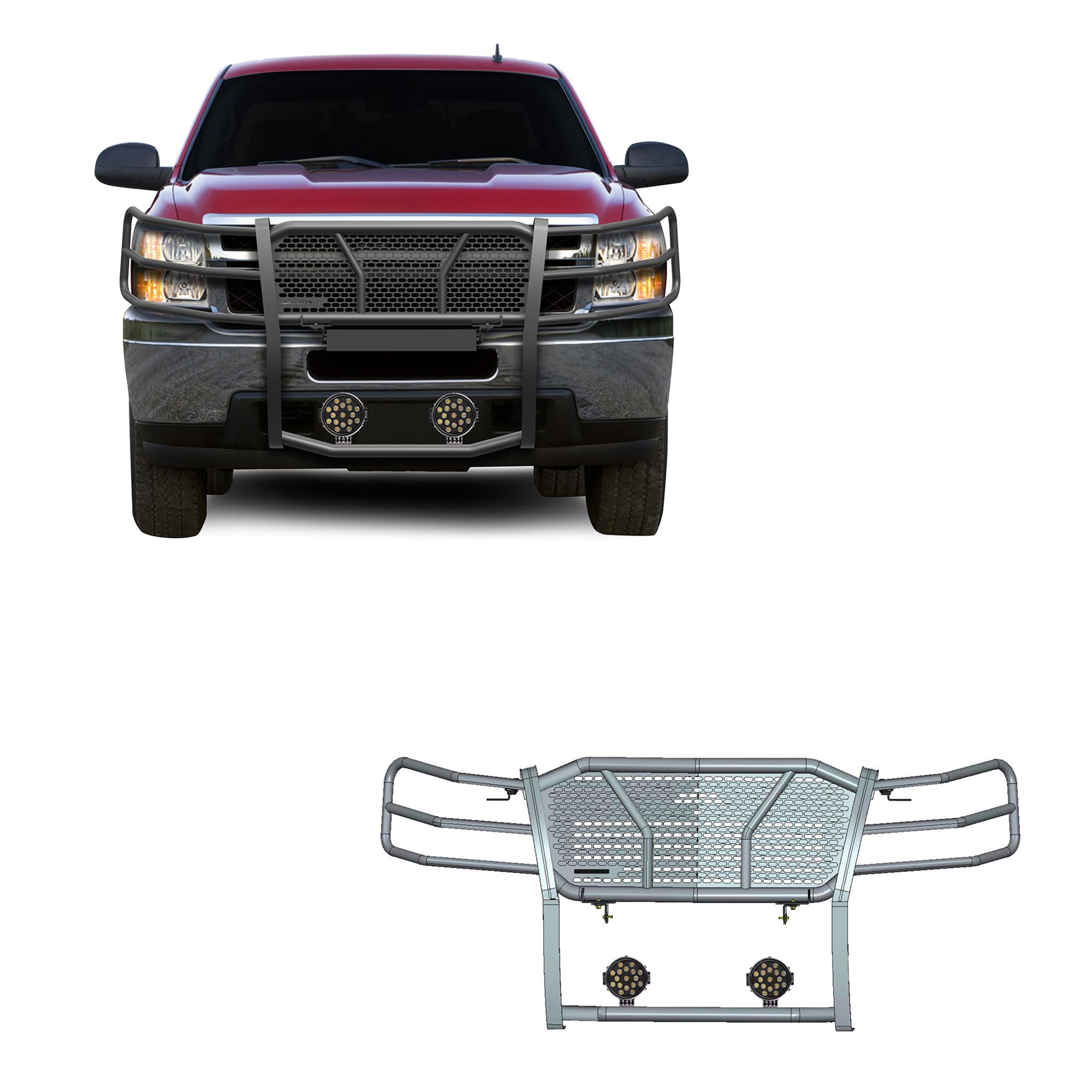 Heavy Duty Black Horse Rugged Grille Brush Bumper Guard Modular Black Come with Pair of 7.0" Dia. LED Lights with Black Trim Rings Compatible with 2007-2013 Chevrolet Silverado 1500-RU-CHSI07-B-PLB