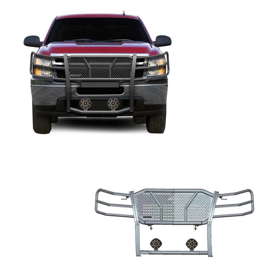 Heavy Duty Black Horse Rugged Grille Brush Bumper Guard Modular Black Come with Pair of 7.0" Dia. LED Lights with Black Trim Rings Compatible with 2007-2013 Chevrolet Silverado 1500-RU-CHSI07-B-PLB
