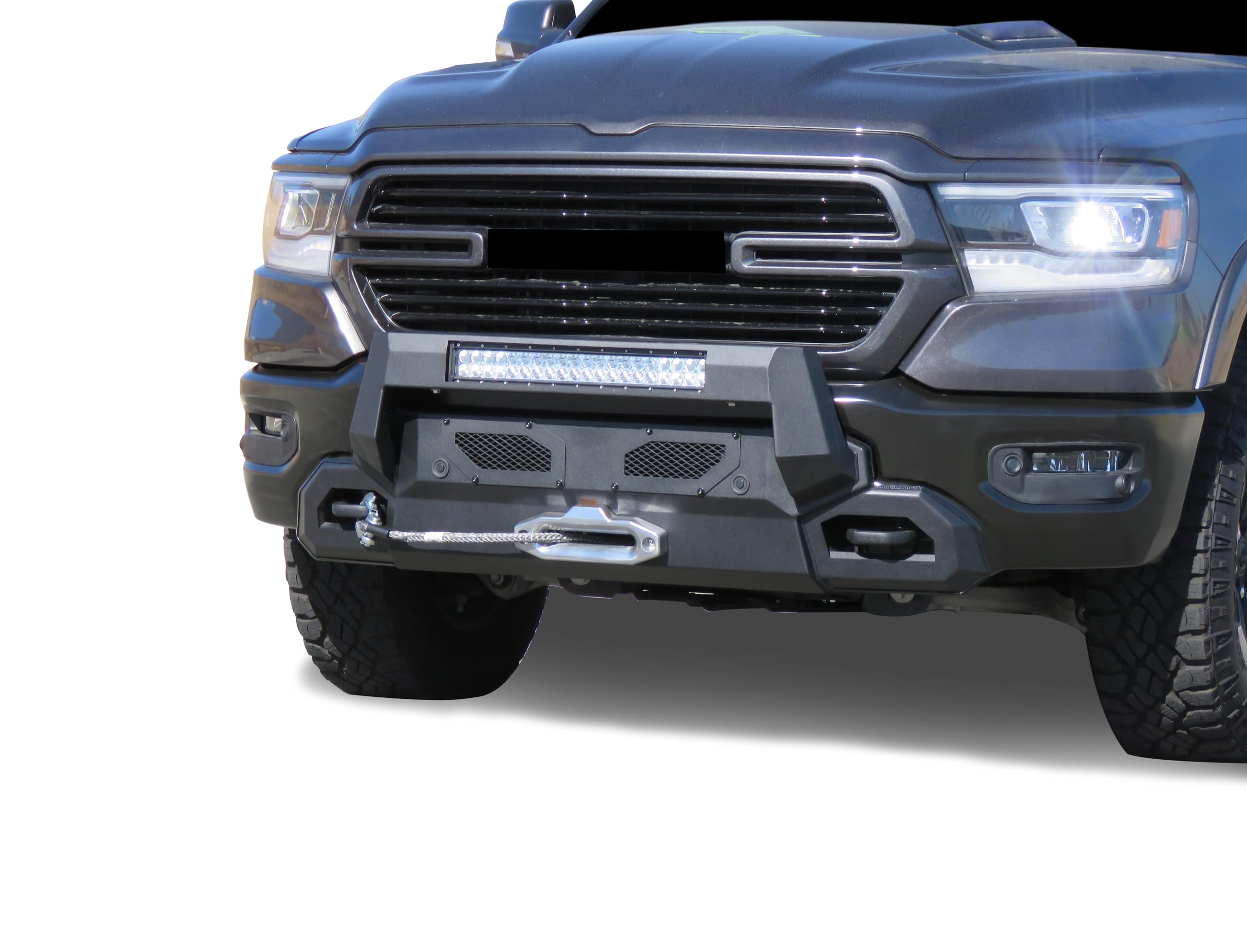 Heavy Duty Black Horse Armour III Front Winch Bumper Kit & Winch Textured Black Compatible with 2019-2024 Ram 1500-AR3HD30-W12