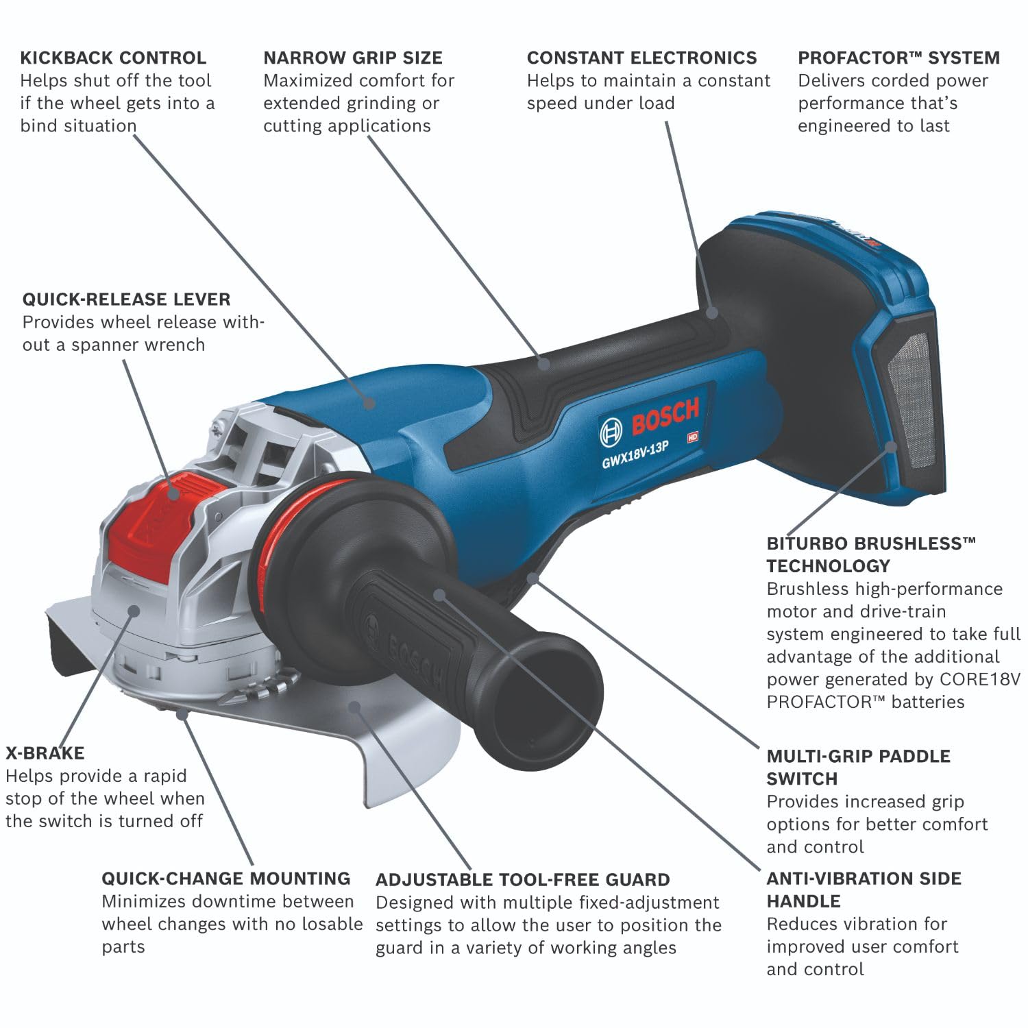 Bosch 18V GWX18V-13PN X-LOCK 5 – 6 In. Angle Grinder with No Lock-On Paddle Switch (Bare Tool)