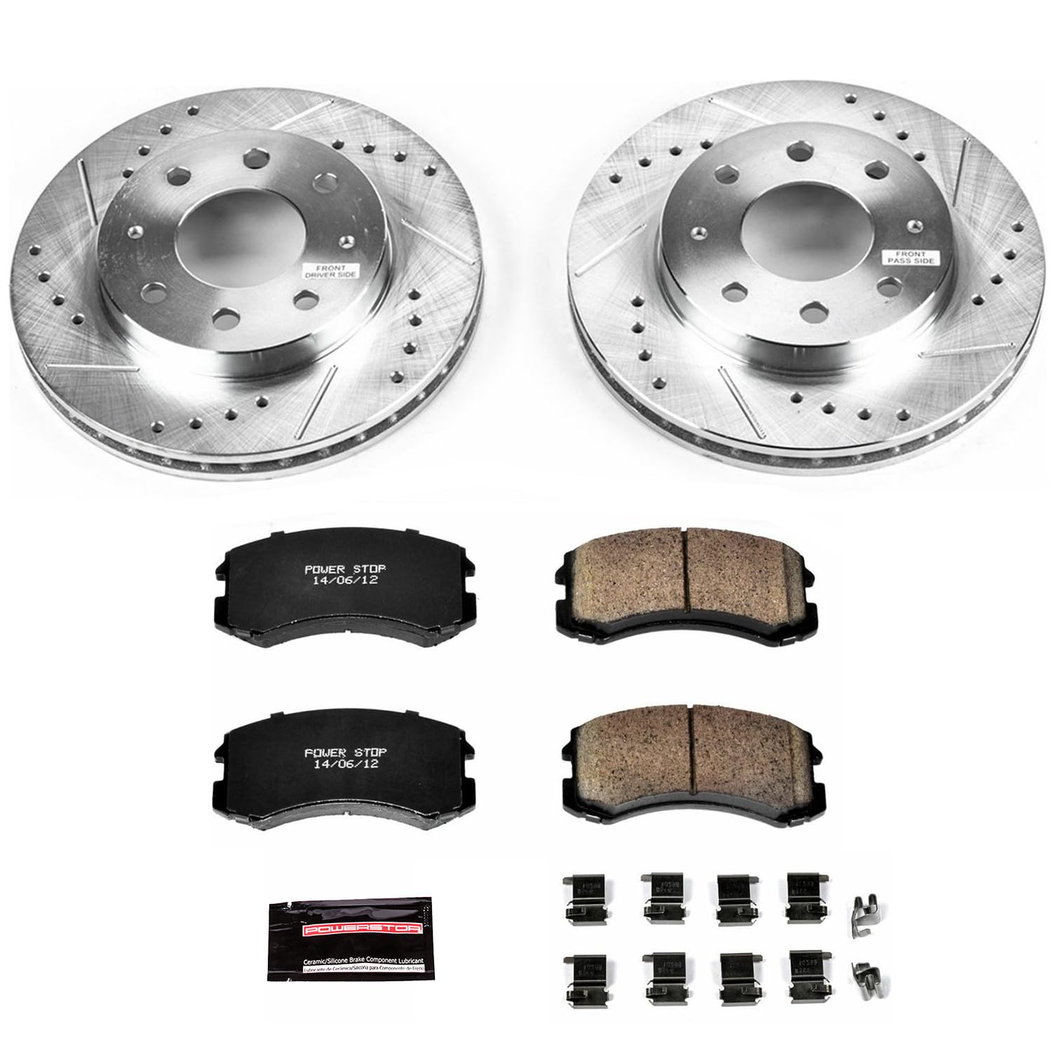 Power Stop K1092 Z23 Carbon Fiber Brake Pads with Drilled & Slotted Brake Rotors Kit For Mitsubishi Lancer 2002-2007 [Model Specific]