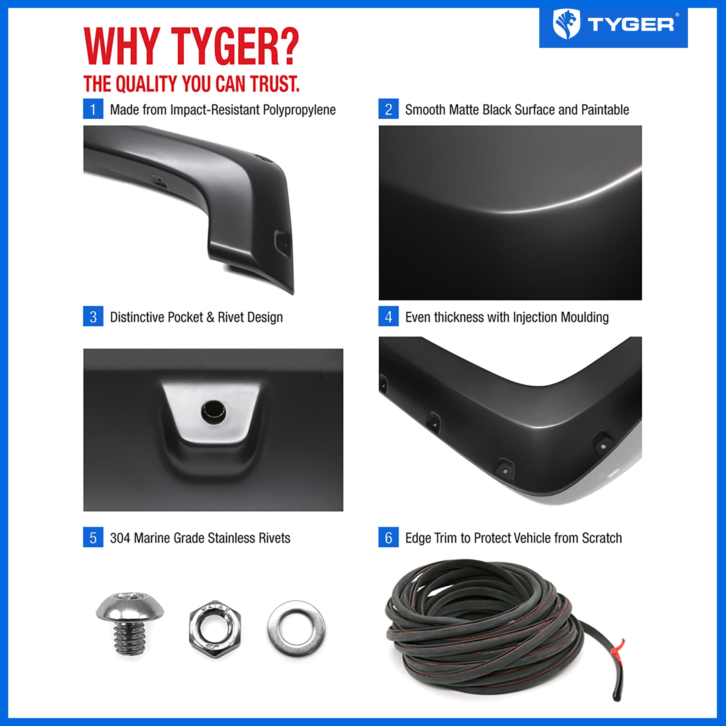Tyger Auto Fender Flare 2007-2013 Compatible with Toyota Tundra, Smooth Textured Black Paintable Bolt-Riveted Style 4pc | TG-FF8T4398