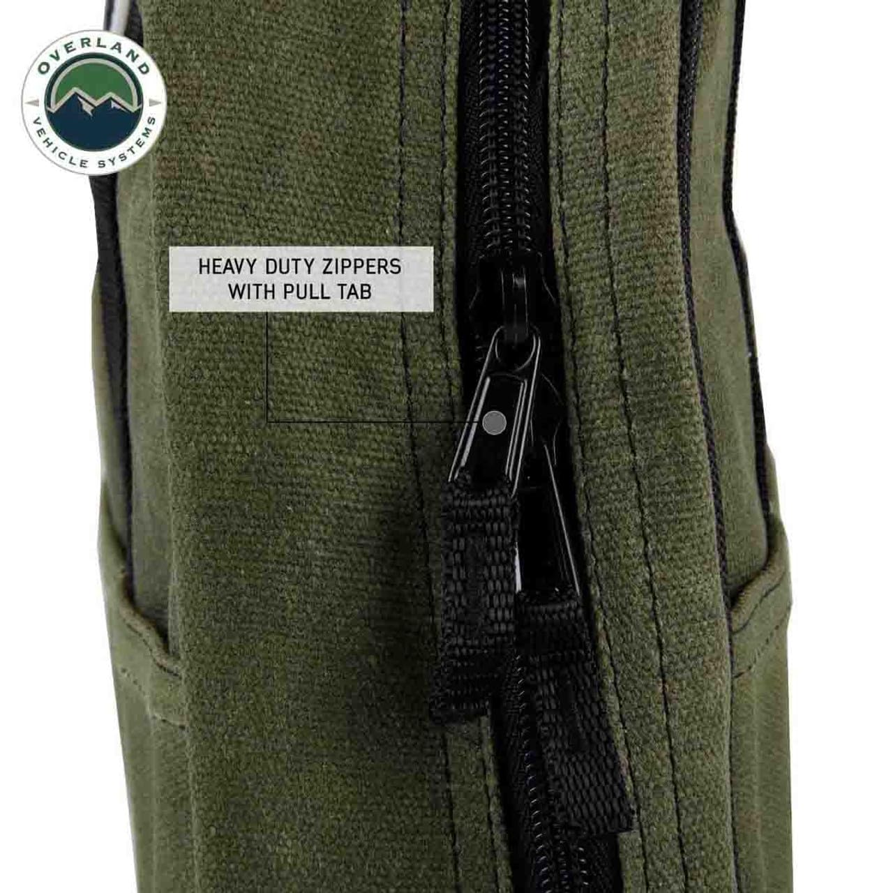 Jumper Cable Storage Bag Overland Vehicle Systems - #16 Waxed Canvas - Infused with Paraffin Wax Waterproofing - 7 Outside Tool Pockets, 3 Internal Tool Pockets, Two Heavy Duty Velcro Straps
