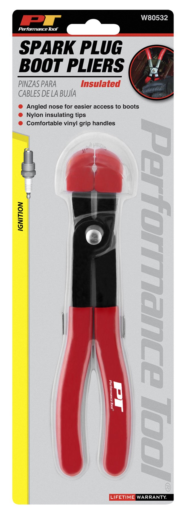 W80532 Performance Tool Angled Nose Spark Plug Boot Pliers with Nylon Insulating Tips and Vinyl Grip Handles